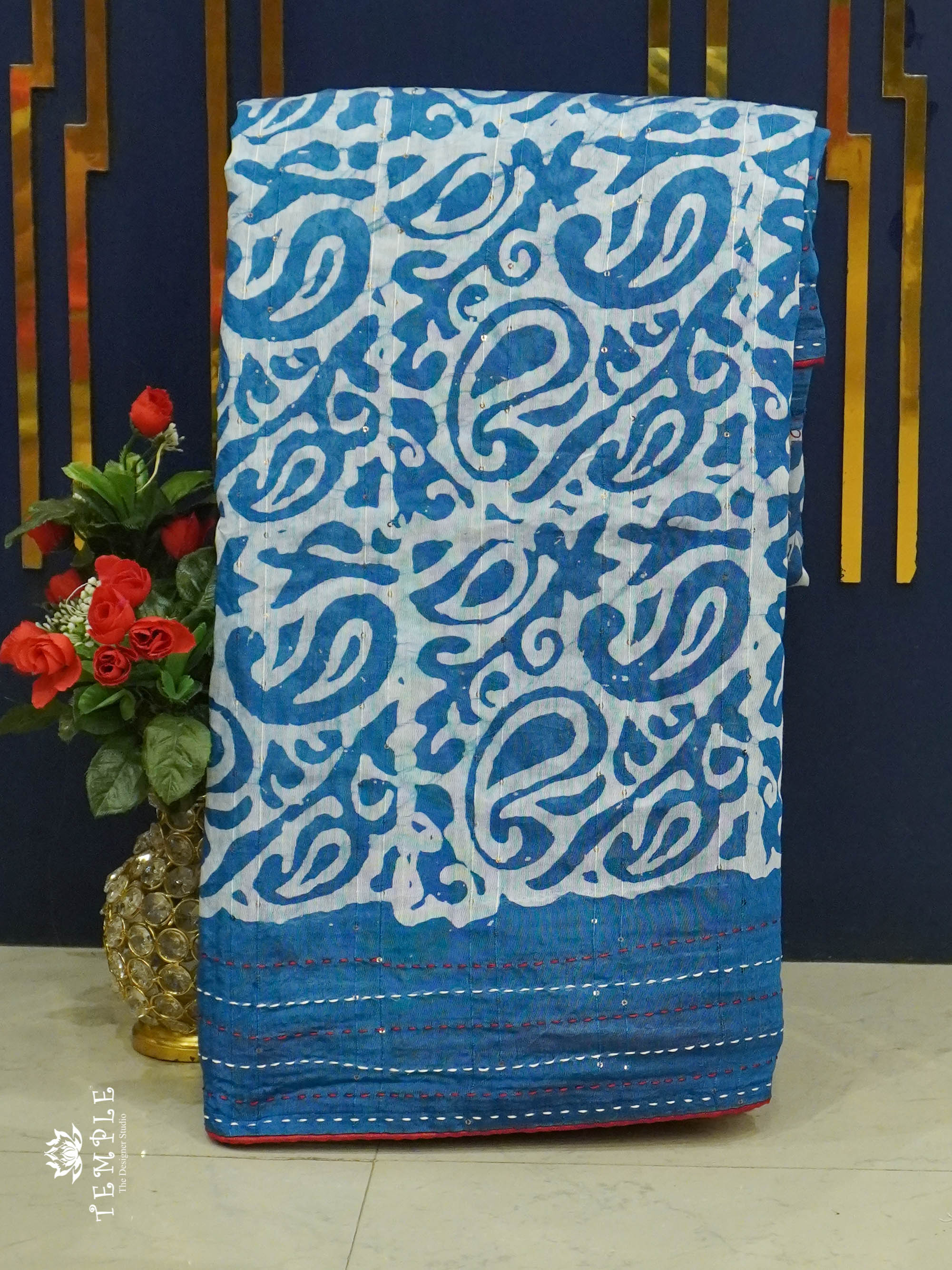 Batik Printed Saree With Kantha Work(Teal Blue) | TTDS1331 | Sparkling Deals