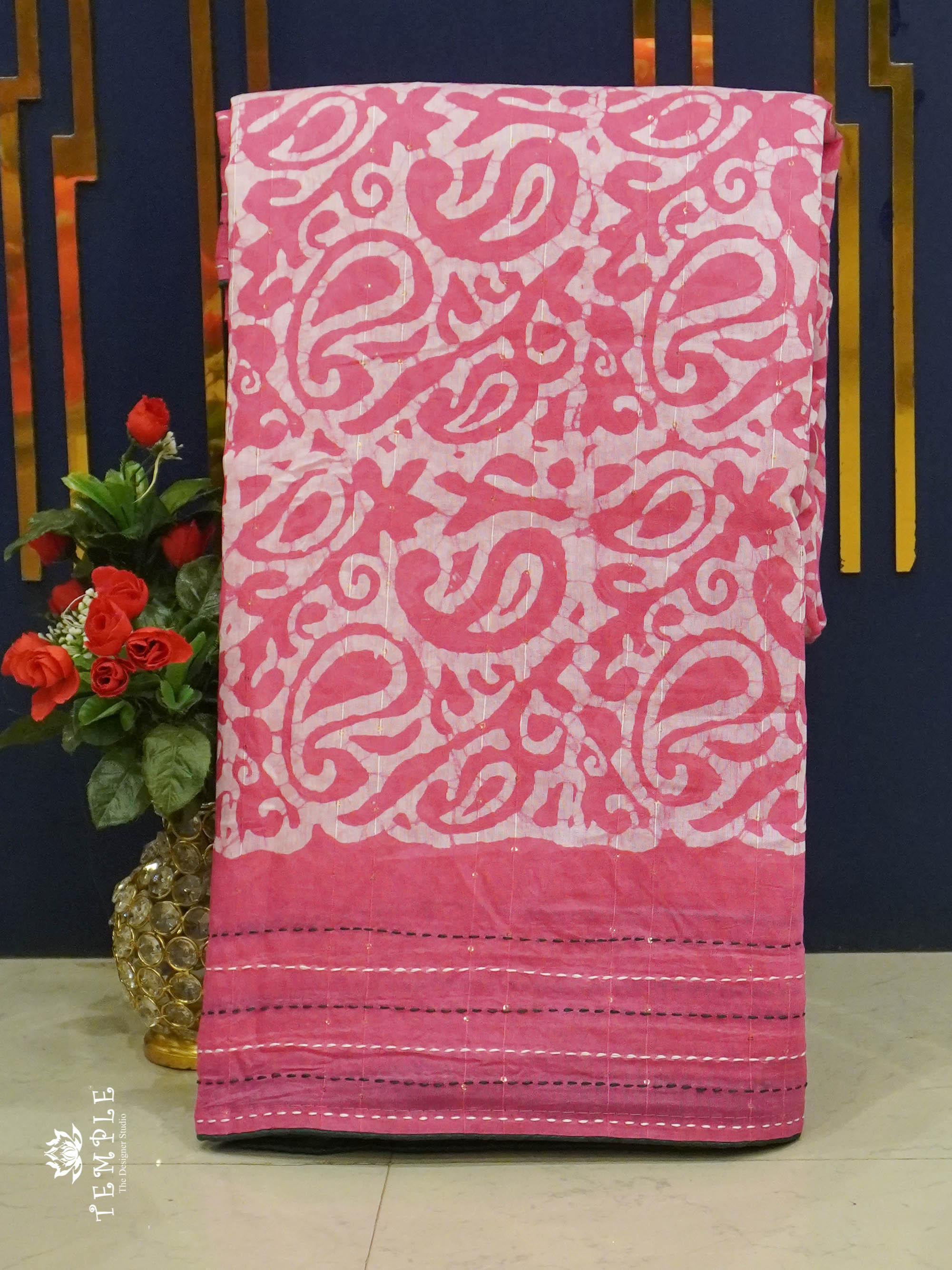 Batik Printed Saree With Kantha Work(Lite Pink) | TTDS1331 | Sparkling Deals