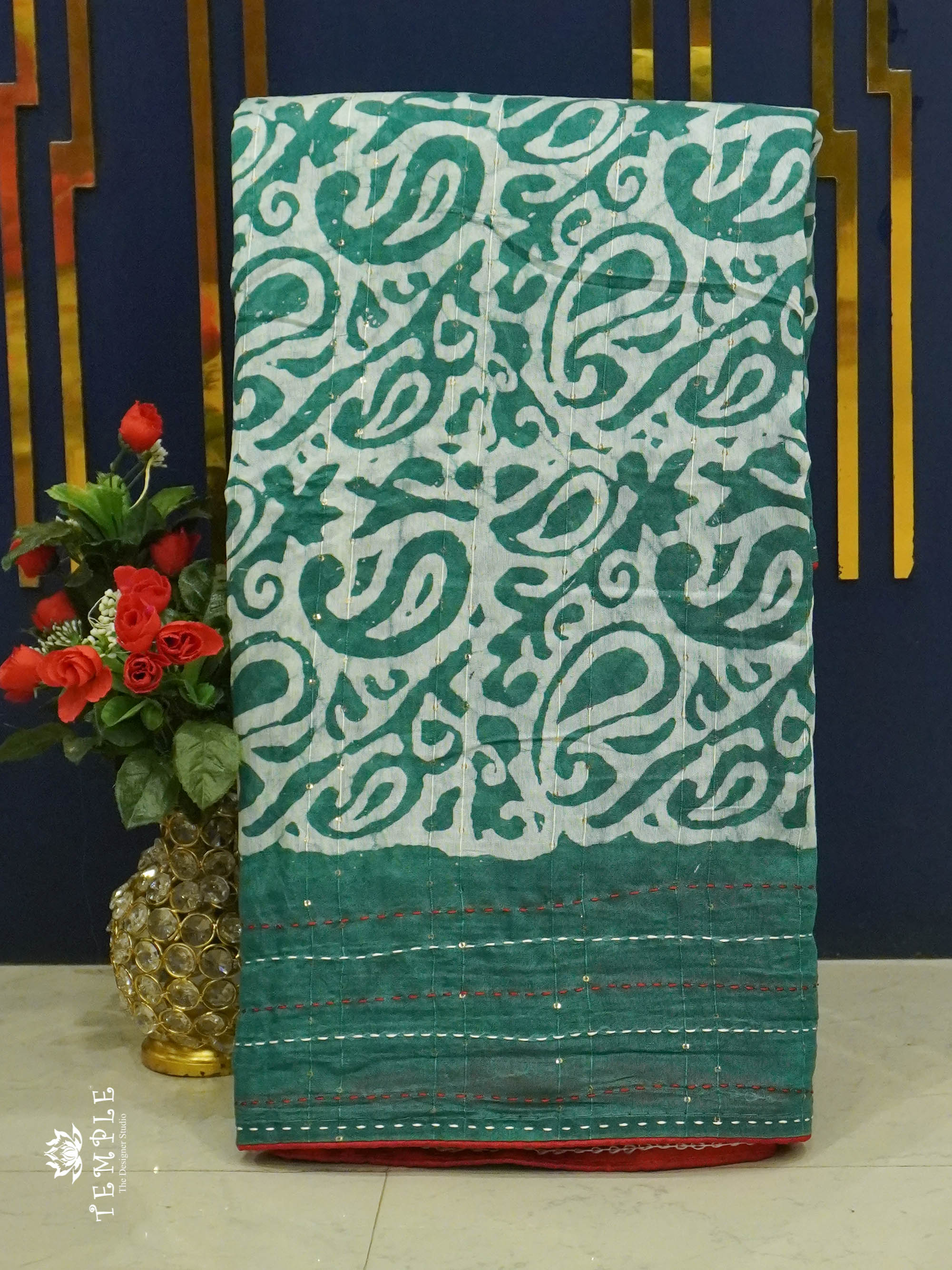 Batik Printed Saree With Kantha Work(Green) | TTDS1331 | Sparkling Deals