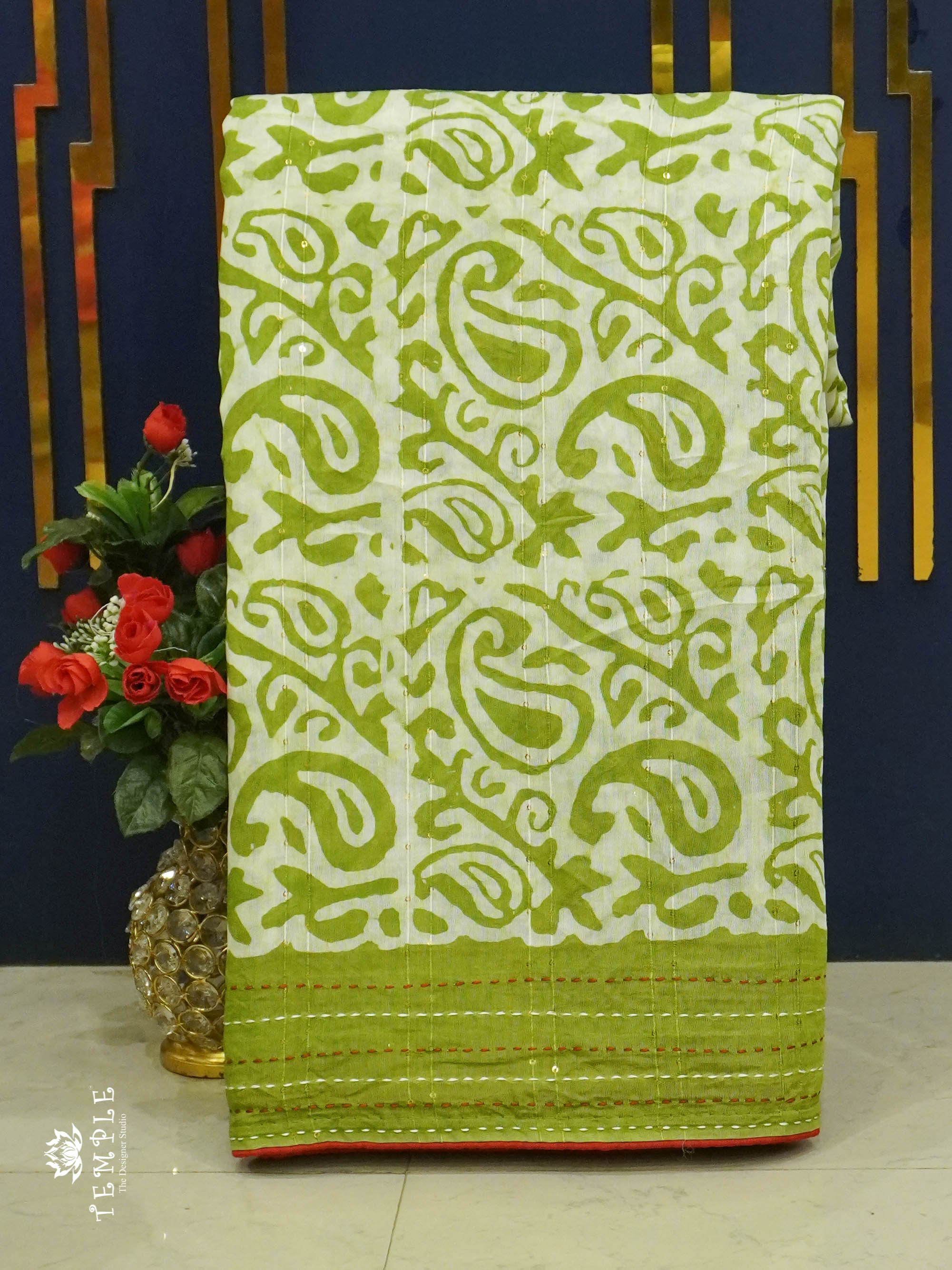 Batik Printed Saree With Kantha Work(Parrot Green) | TTDS1331 | Sparkling Deals