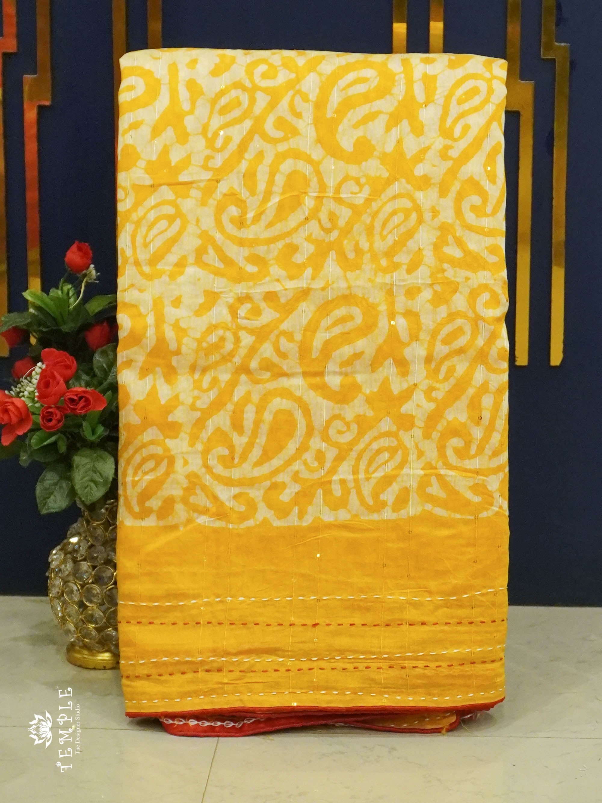 Batik Printed Saree With Kantha Work(Yellow) | TTDS1331 | Sparkling Deals