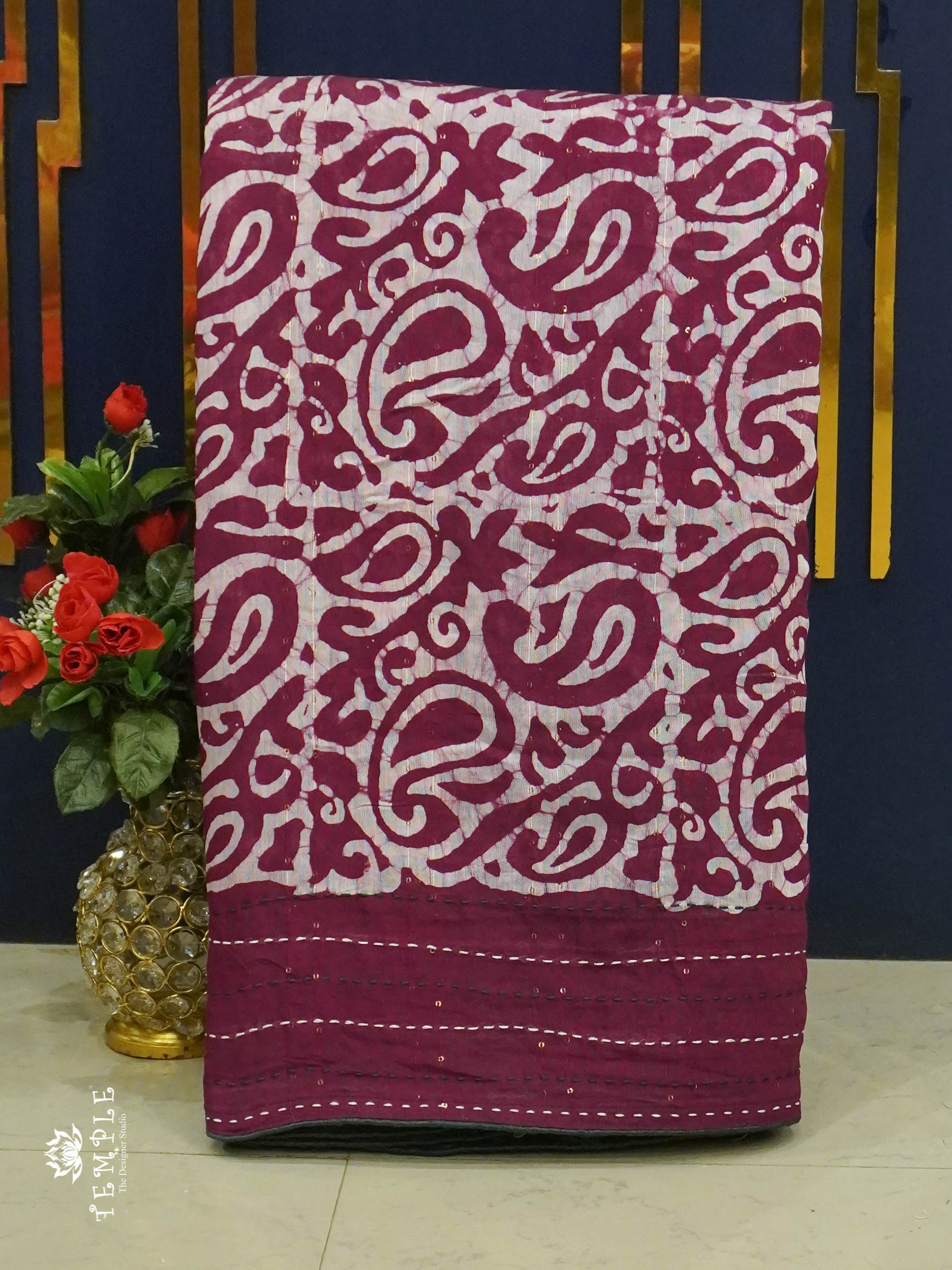 Batik Printed Saree With Kantha Work(Magenta) | TTDS1331 | Sparkling Deals