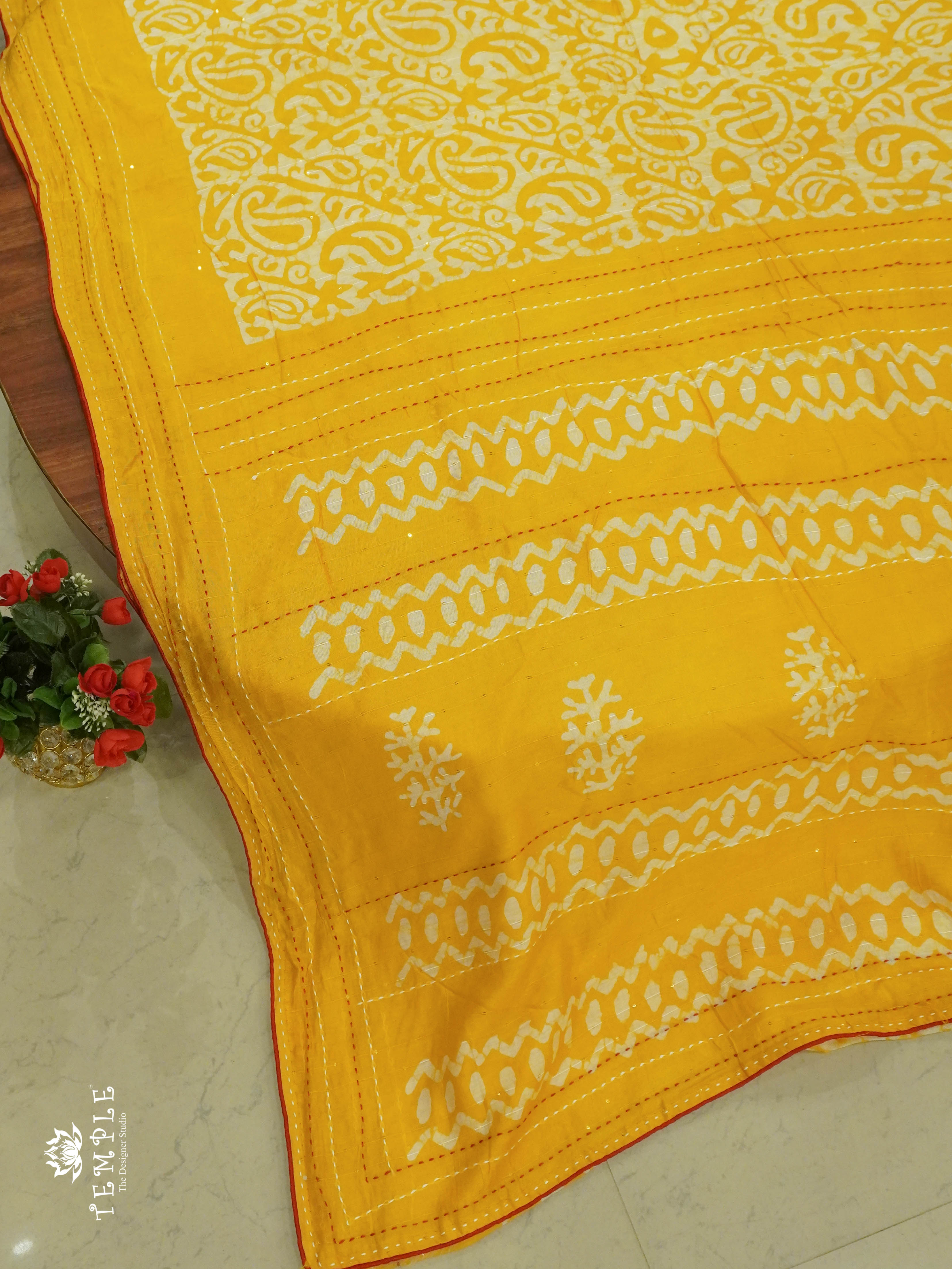 Batik Printed Saree With Kantha Work(Yellow) | TTDS1331 | Sparkling Deals