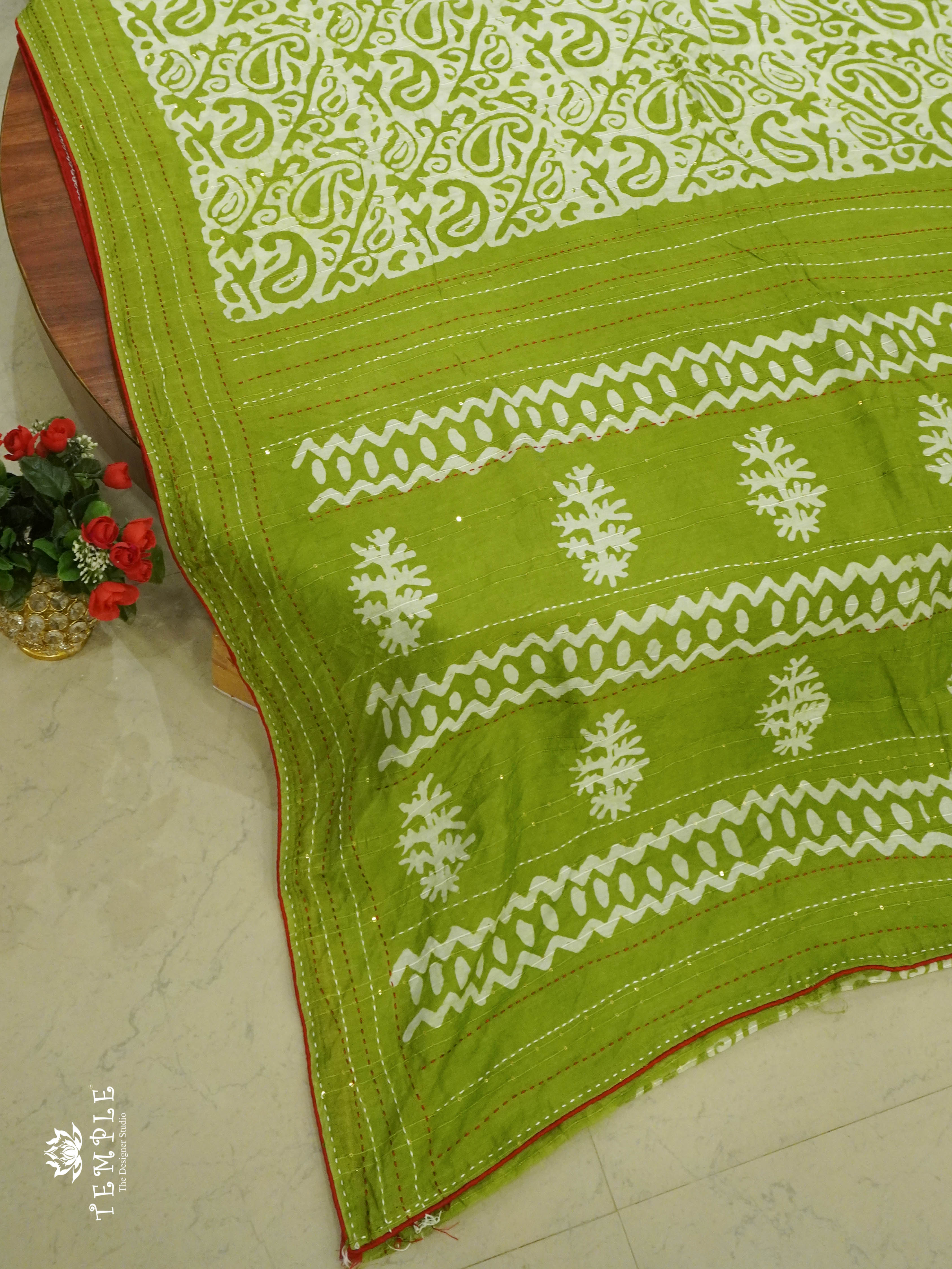 Batik Printed Saree With Kantha Work(Parrot Green) | TTDS1331 | Sparkling Deals