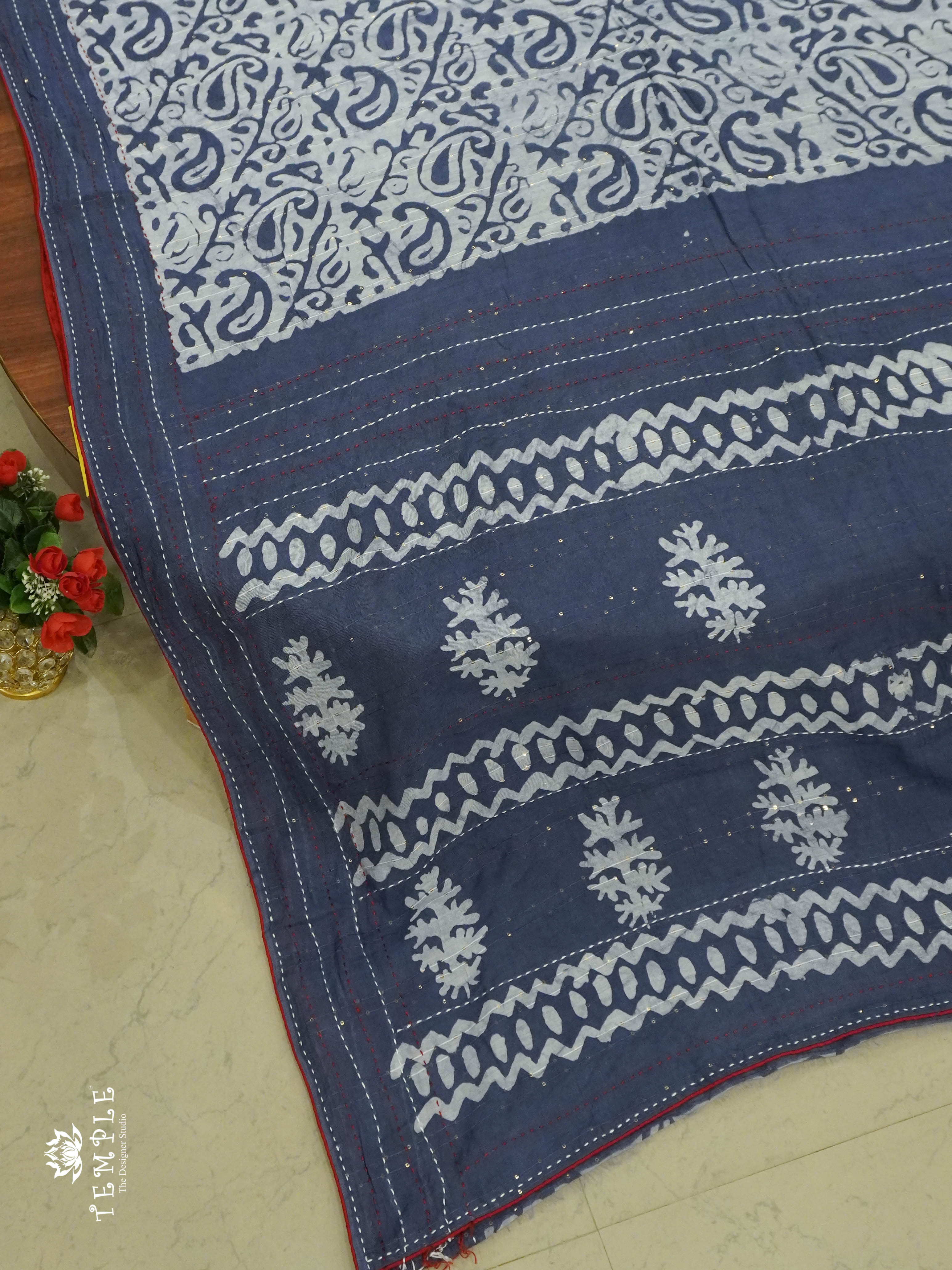 Batik Printed Saree With Kantha Work(Grey) | TTDS1331 | Sparkling Deals