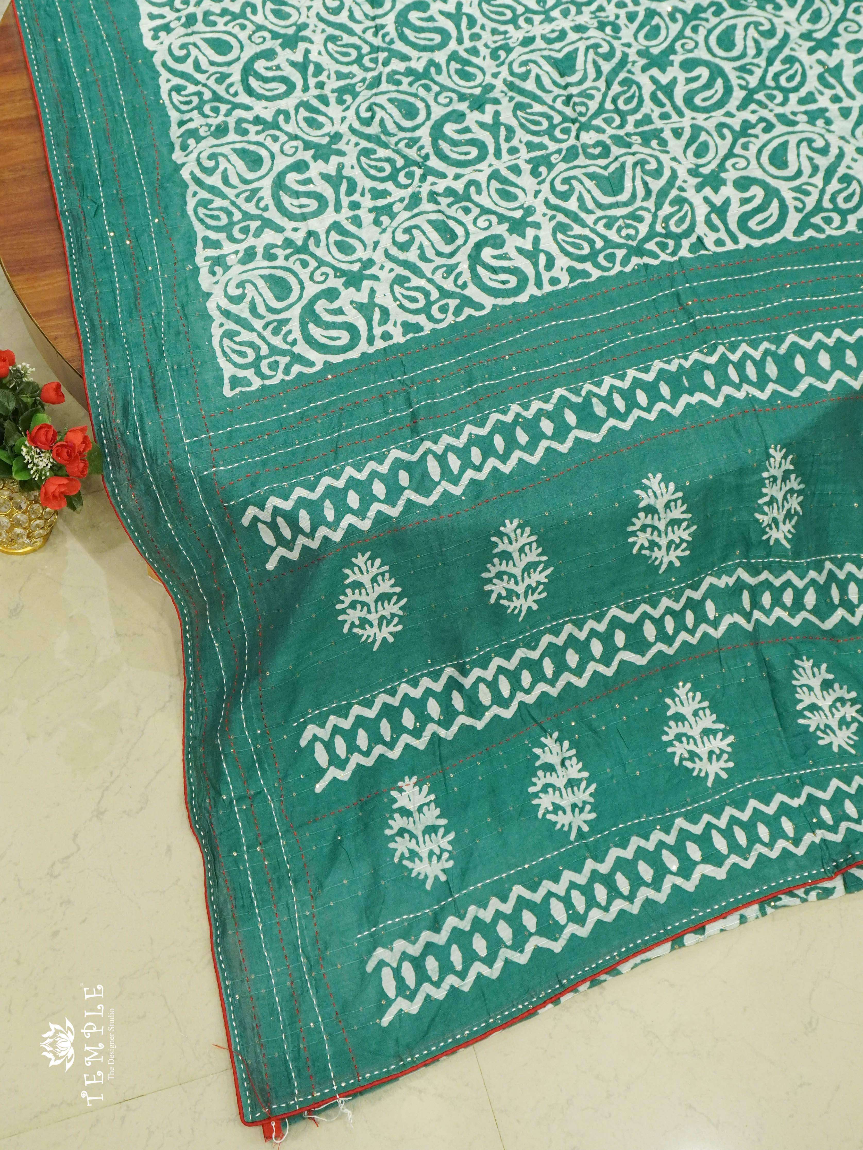 Batik Printed Saree With Kantha Work(Green) | TTDS1331 | Sparkling Deals