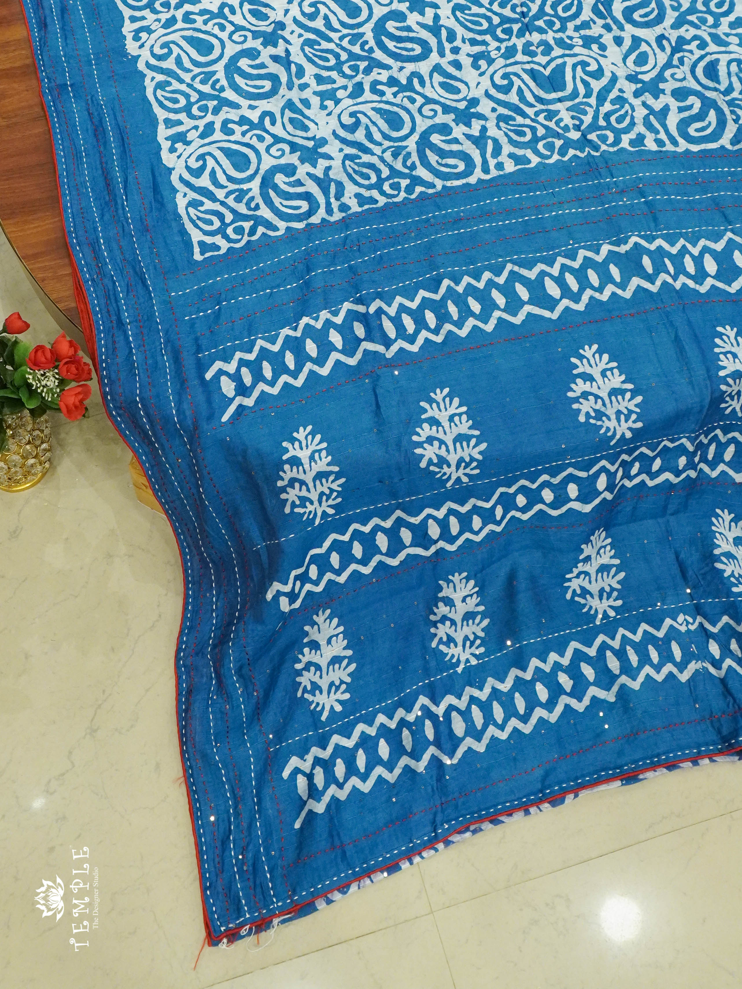 Batik Printed Saree With Kantha Work(Teal Blue) | TTDS1331 | Sparkling Deals