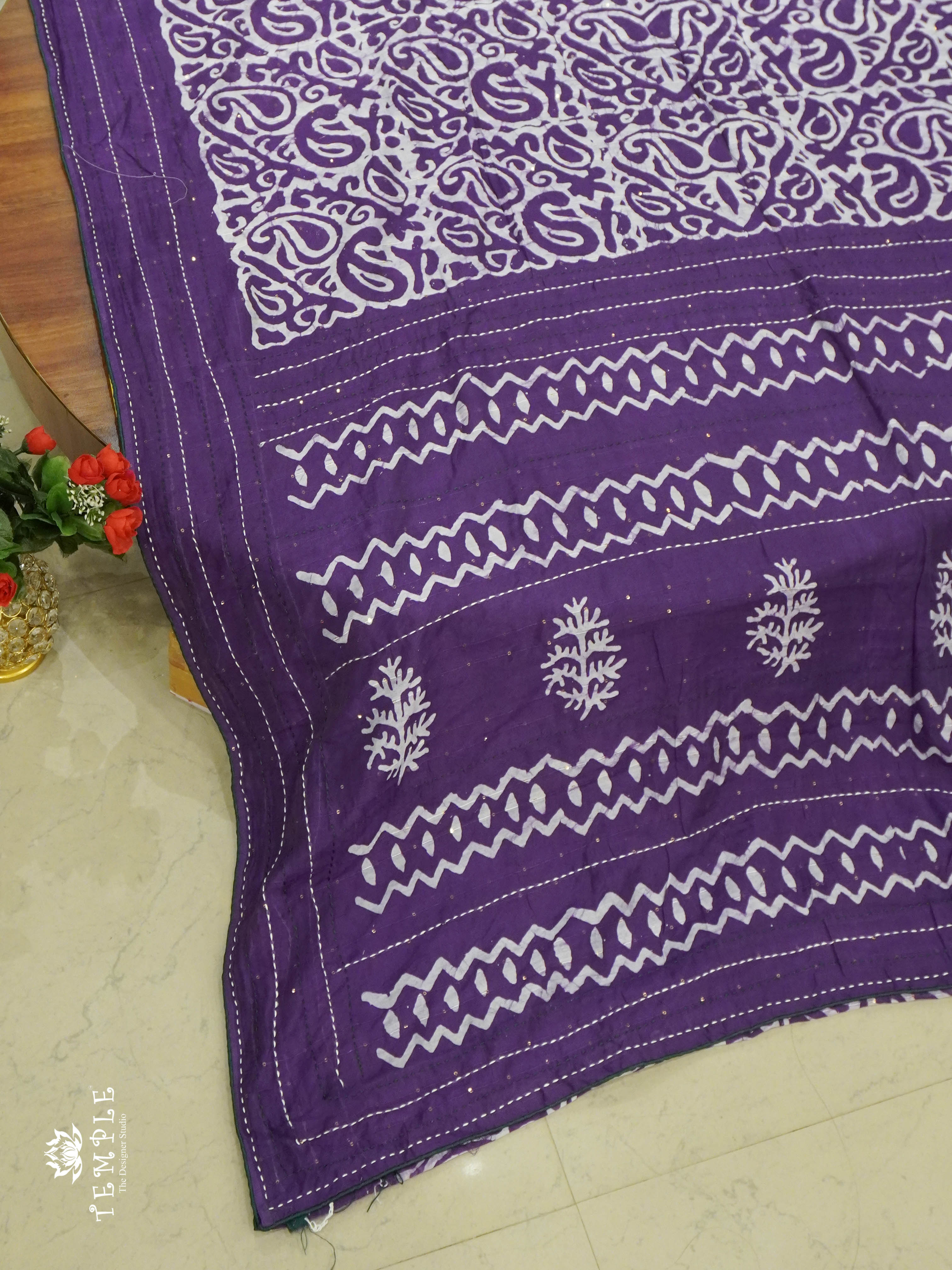 Batik Printed Saree With Kantha Work(Violet) | TTDS1331 | Sparkling Deals