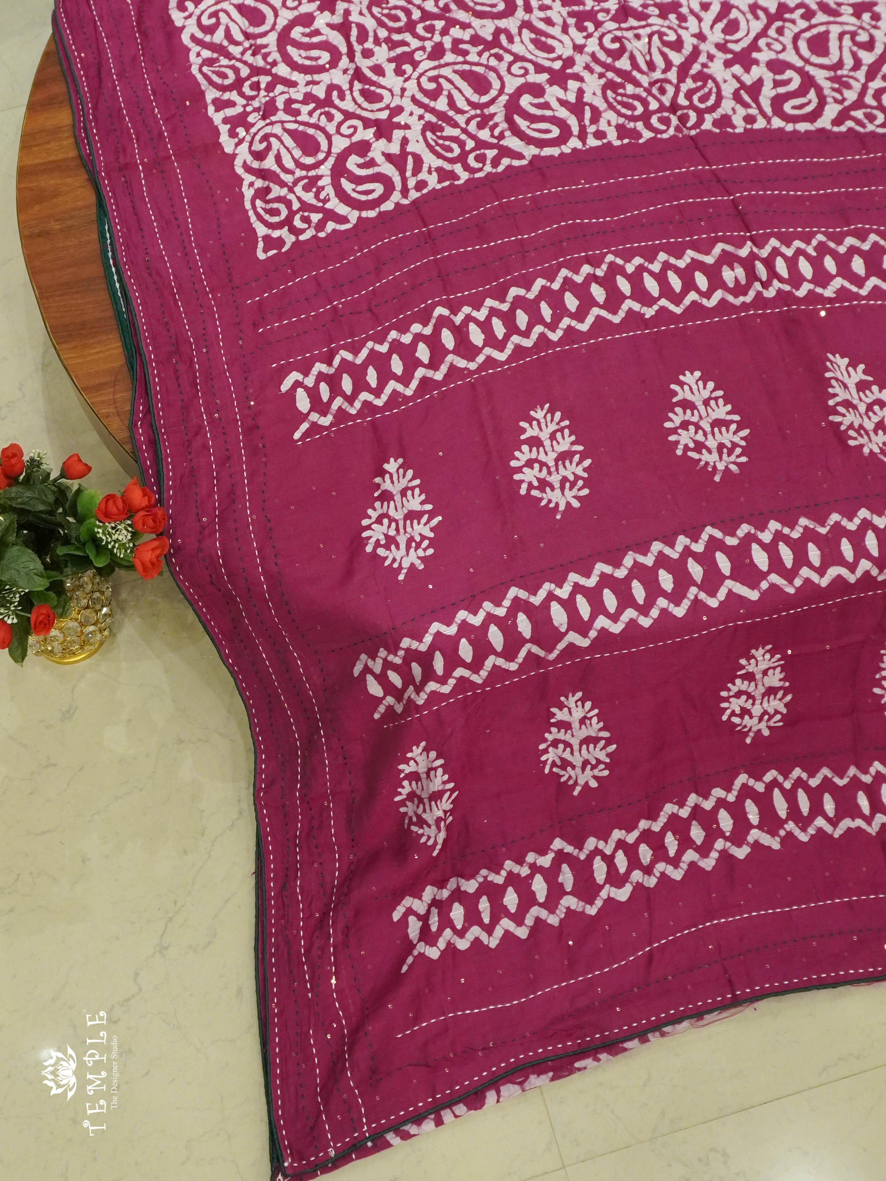 Batik Printed Saree With Kantha Work(Pink) | TTDS1331 | Sparkling Deals