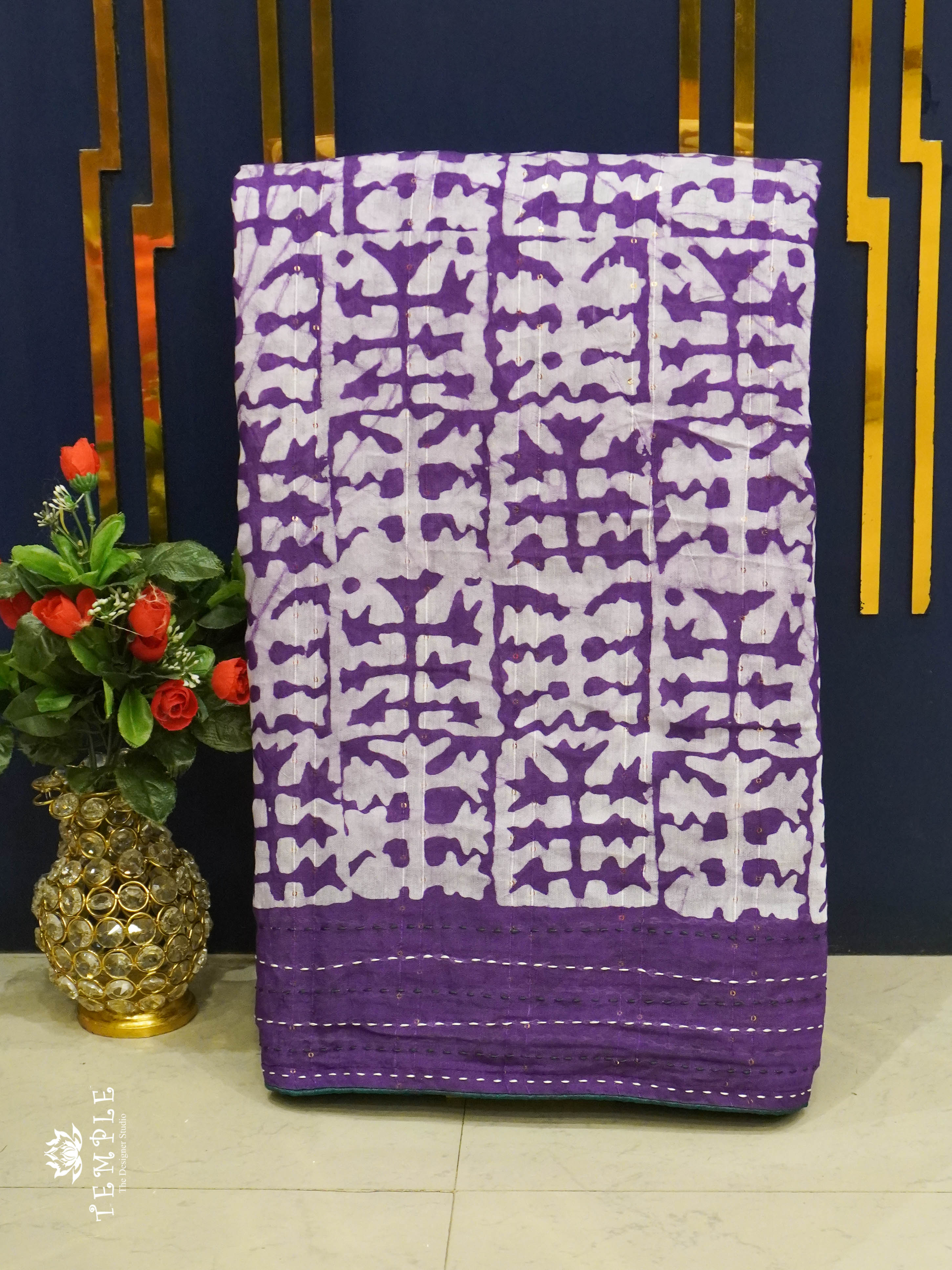 Batik Printed Saree With Kantha Work(Violet) | TTDS1331 | Sparkling Deals