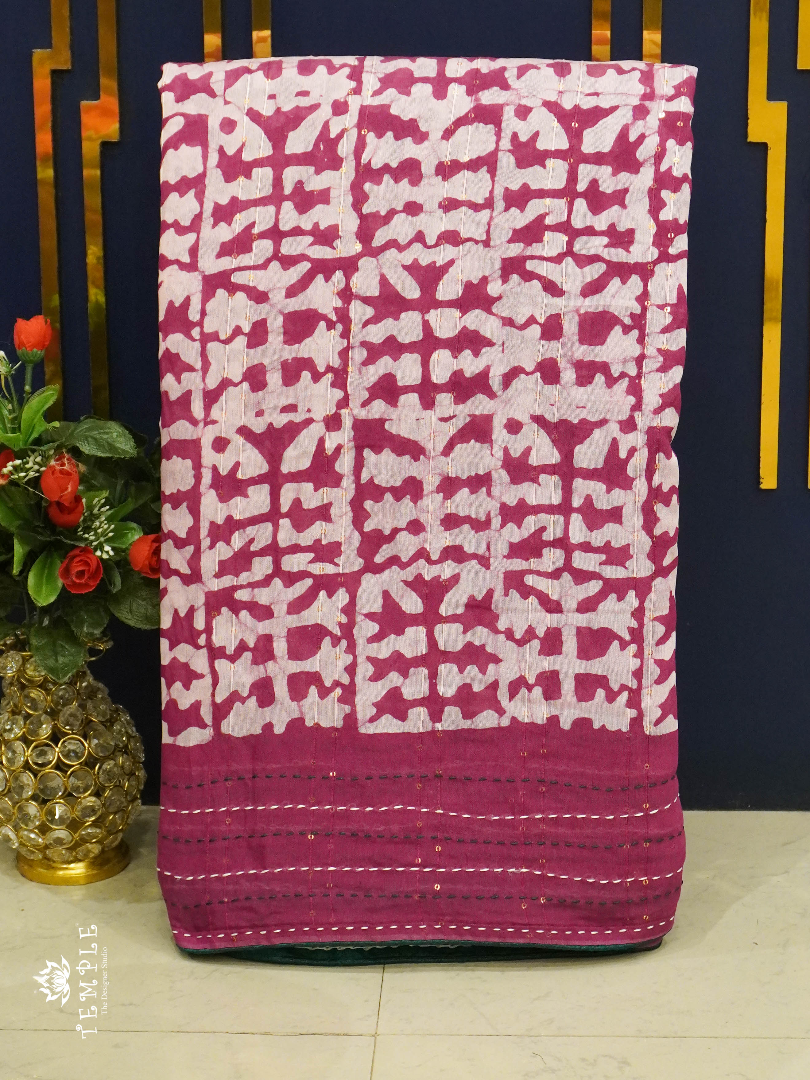 Batik Printed Saree With Kantha Work(Pink) | TTDS1331 | Sparkling Deals