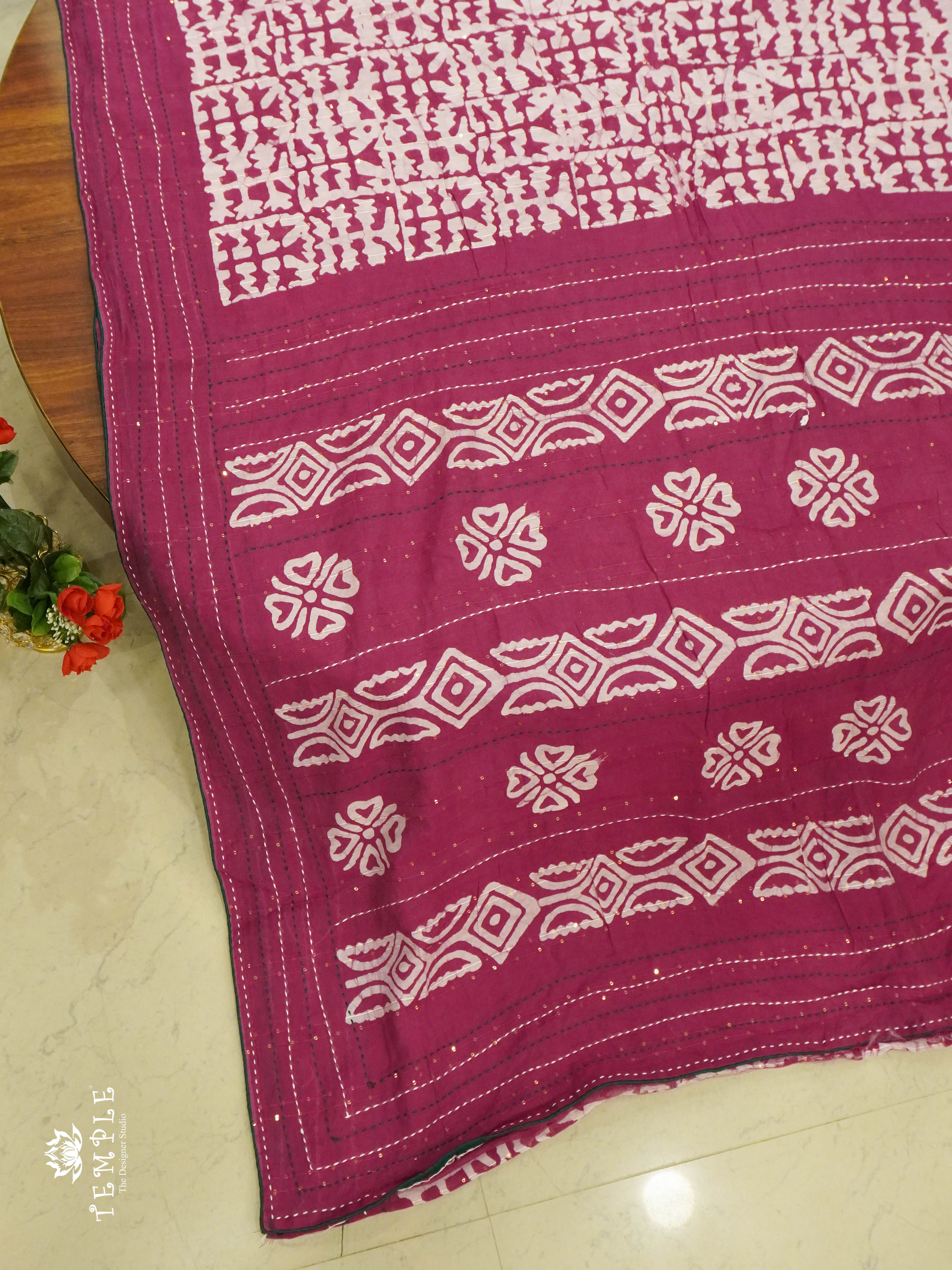 Batik Printed Saree With Kantha Work(Pink) | TTDS1331 | Sparkling Deals