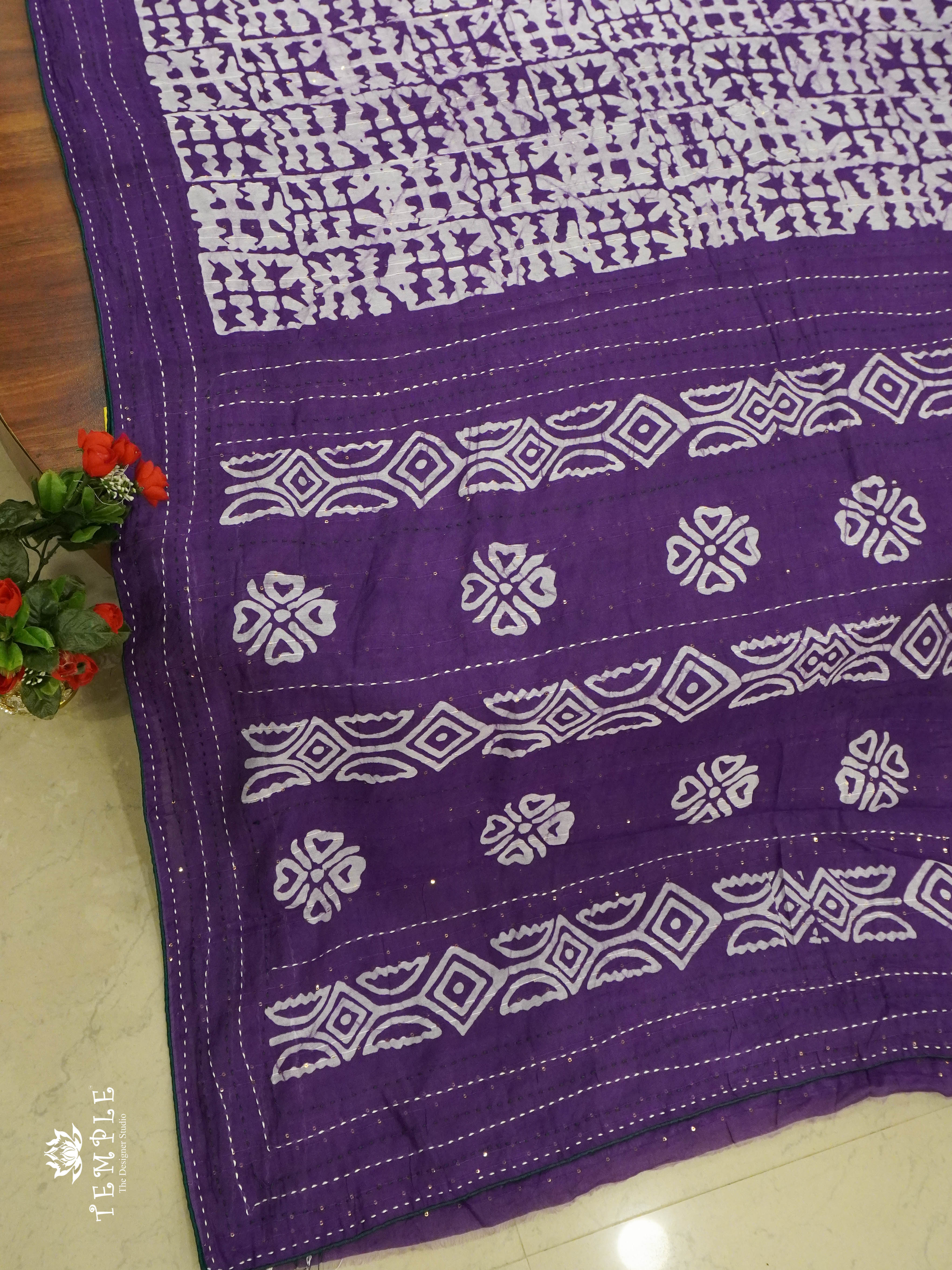 Batik Printed Saree With Kantha Work(Violet) | TTDS1331 | Sparkling Deals