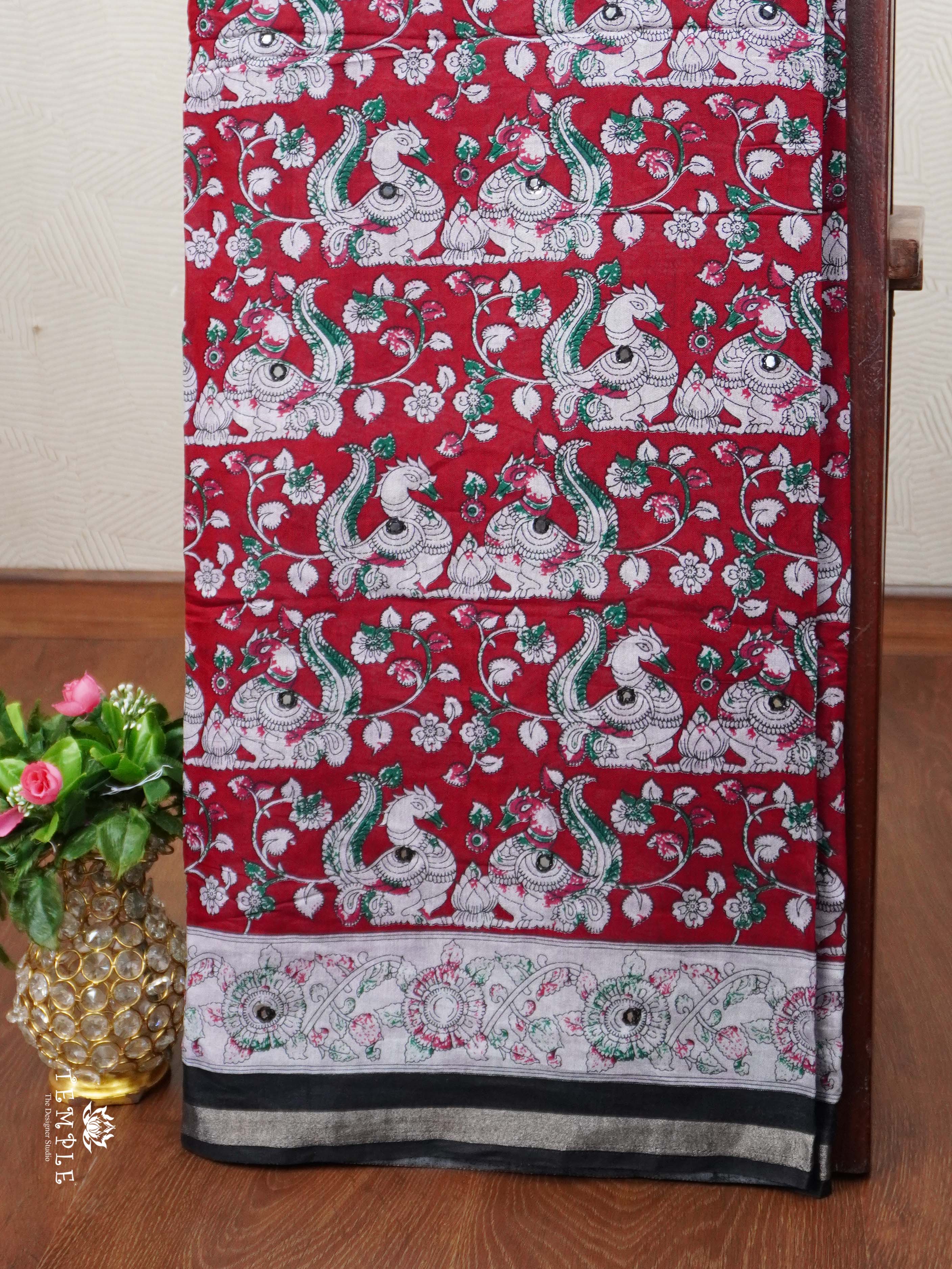 Kalamkari Print Cotton Saree with Mirror Work | TTDS2376
