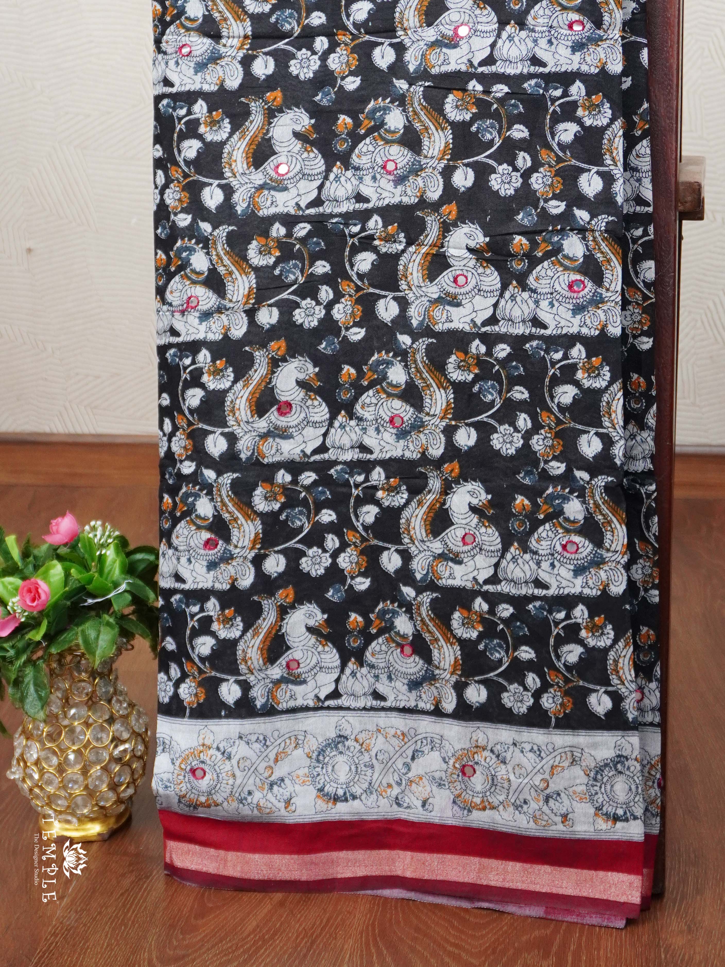 Kalamkari Print Cotton Saree with Mirror Work | TTDS2376