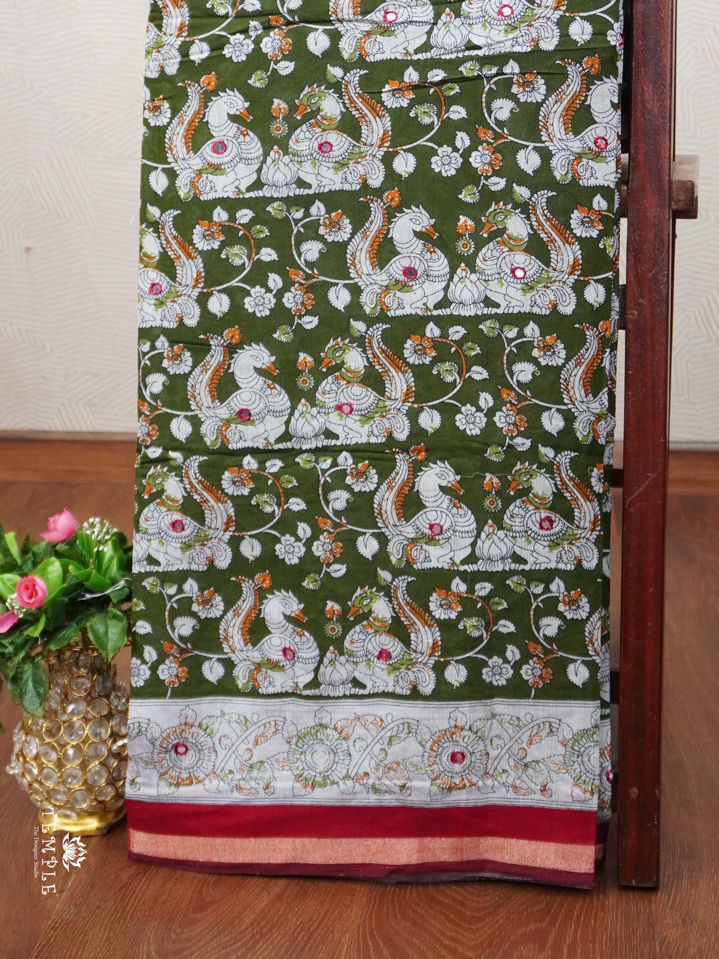 Kalamkari Print Cotton Saree with Mirror Work | TTDS2376