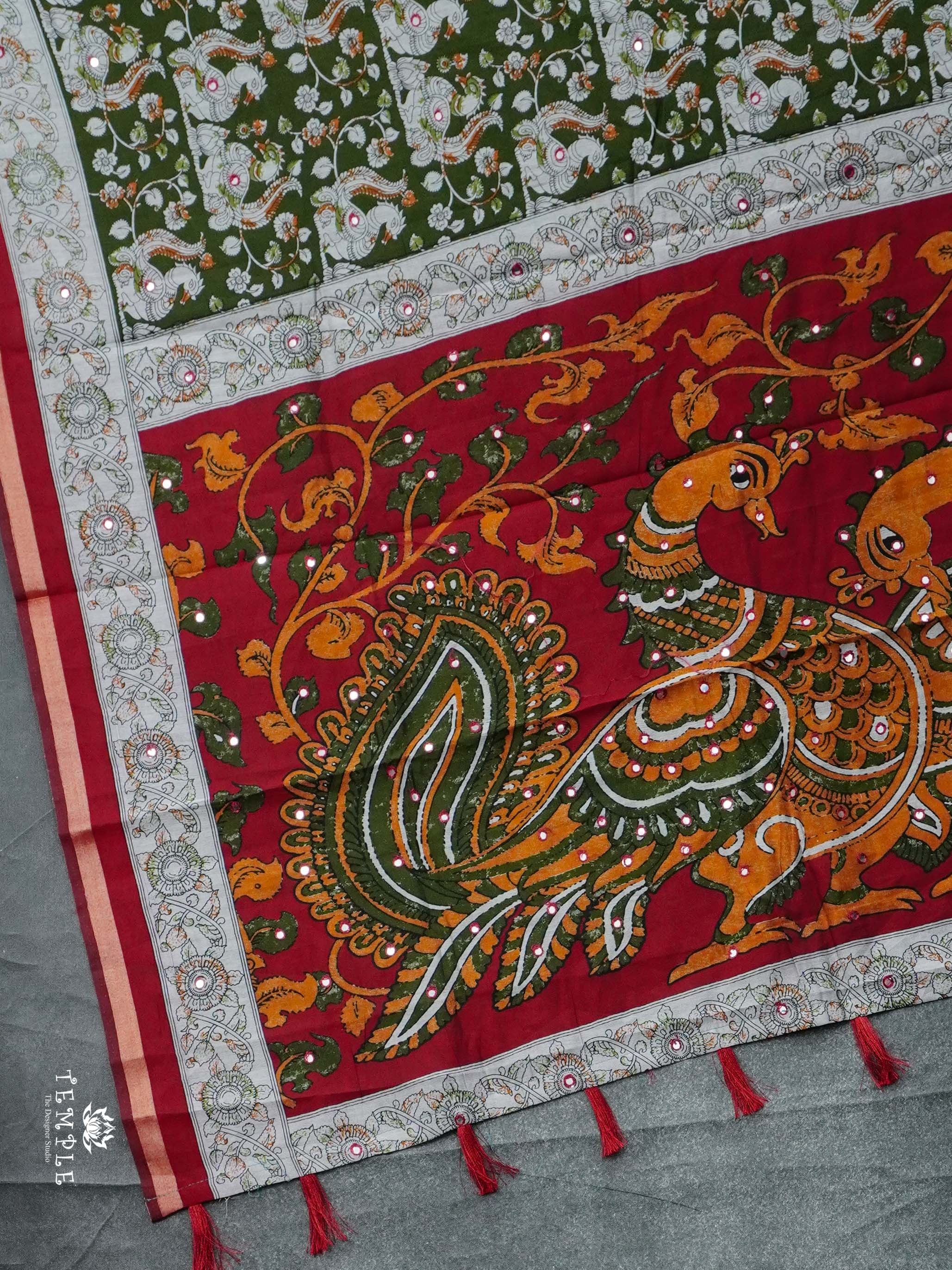 Kalamkari Print Cotton Saree with Mirror Work | TTDS2376