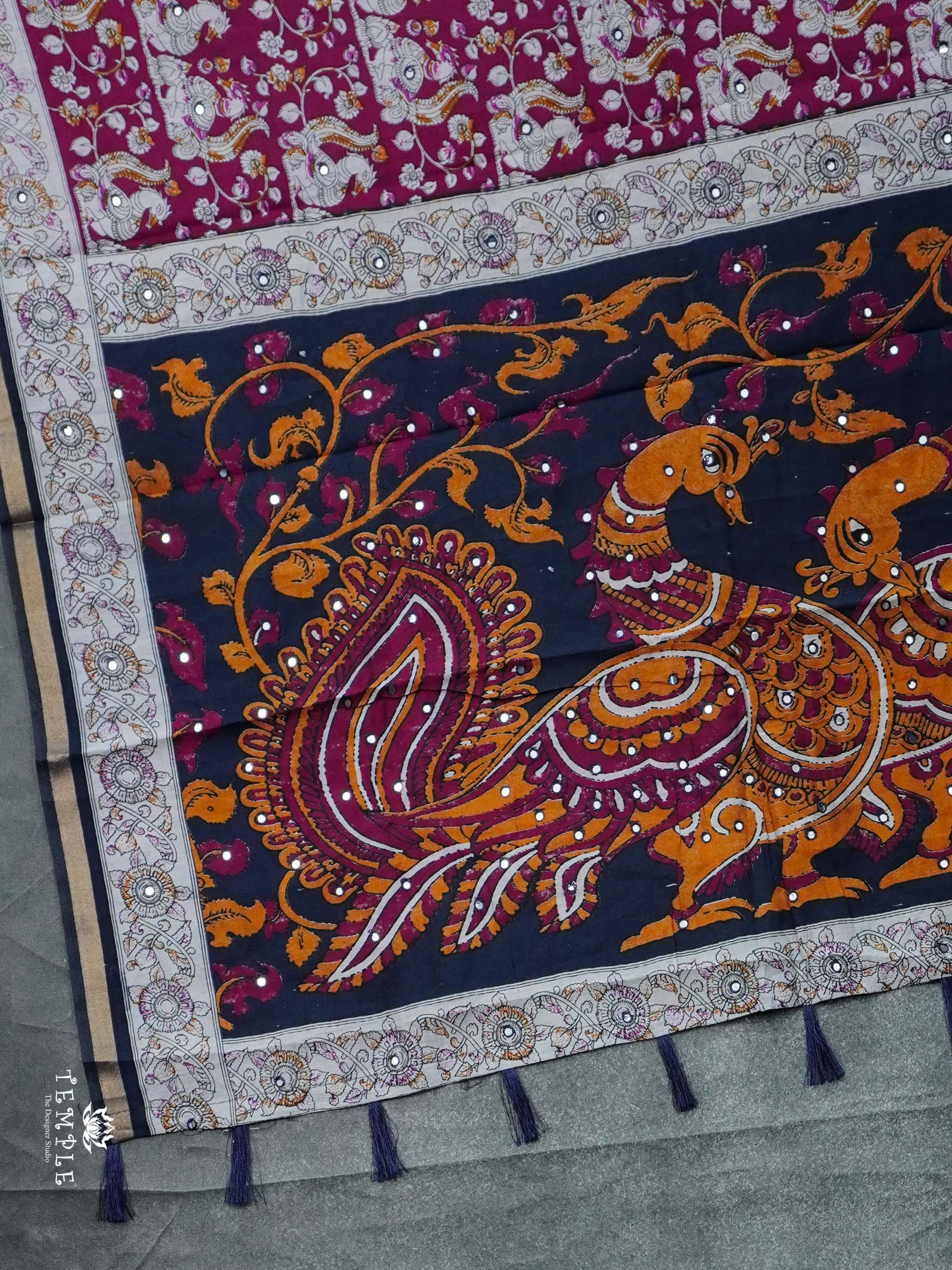Kalamkari Print Cotton Saree with Mirror Work | TTDS2376
