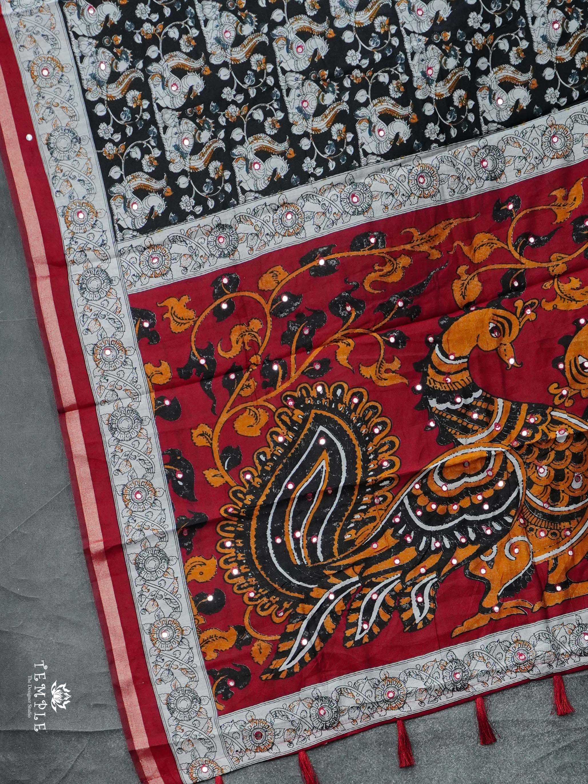 Kalamkari Print Cotton Saree with Mirror Work | TTDS2376