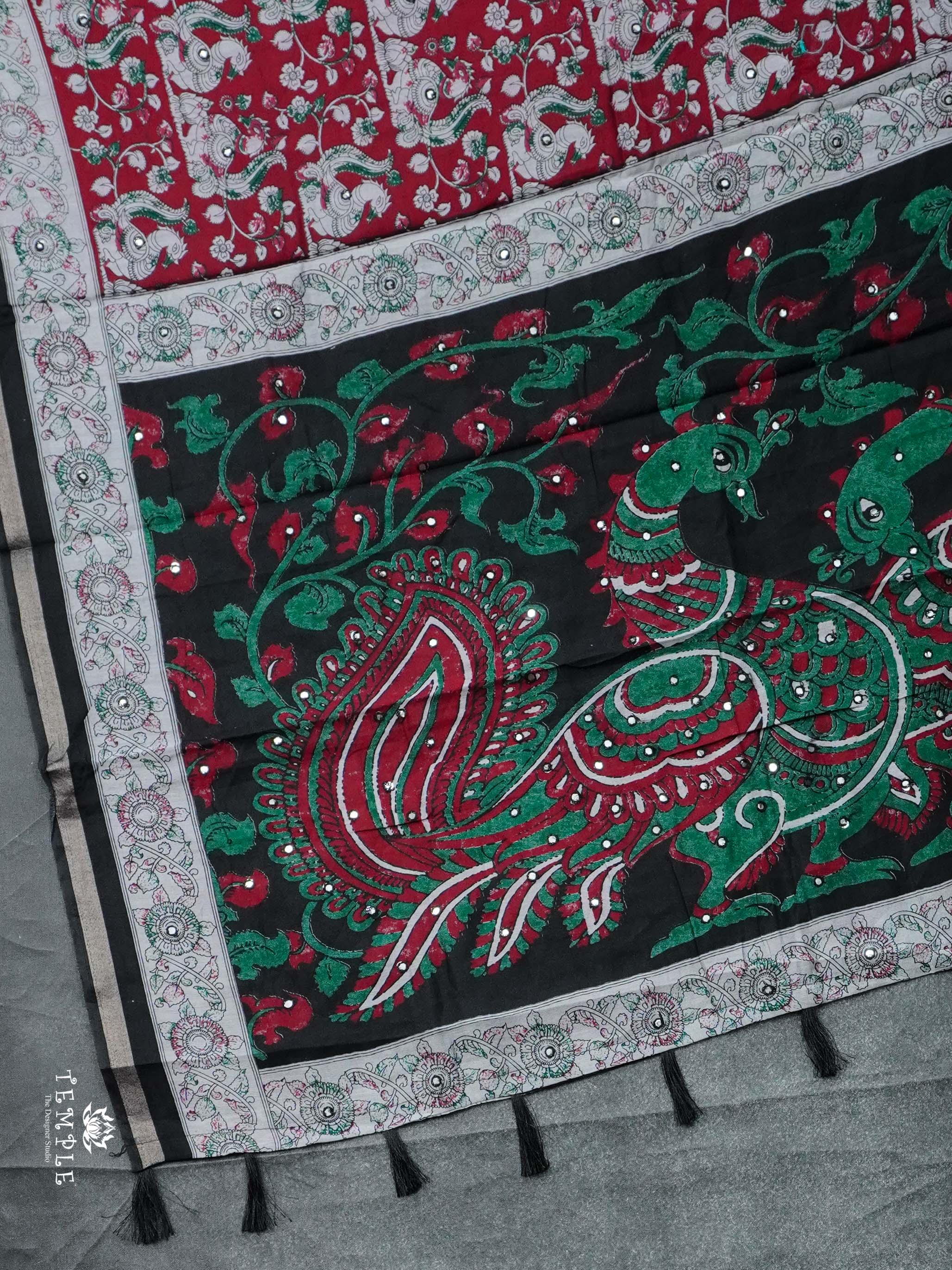 Kalamkari Print Cotton Saree with Mirror Work | TTDS2376