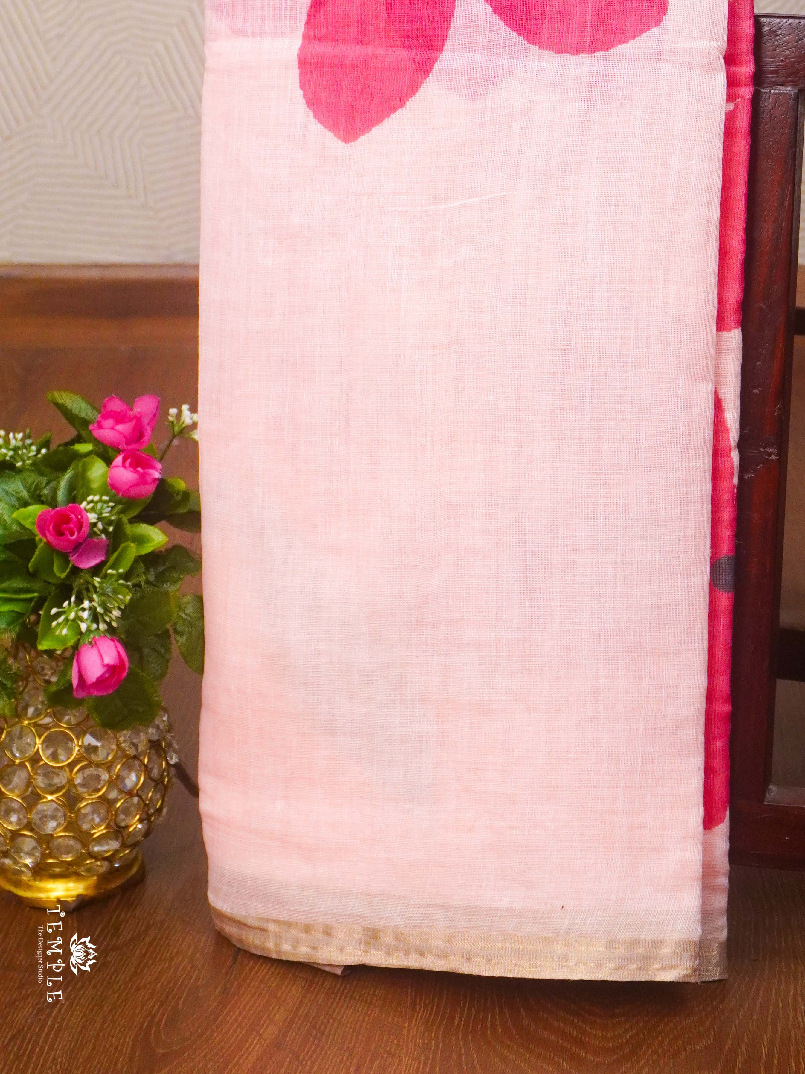 Floral Printed Linen Cotton Saree(Pink) | TTDS2391