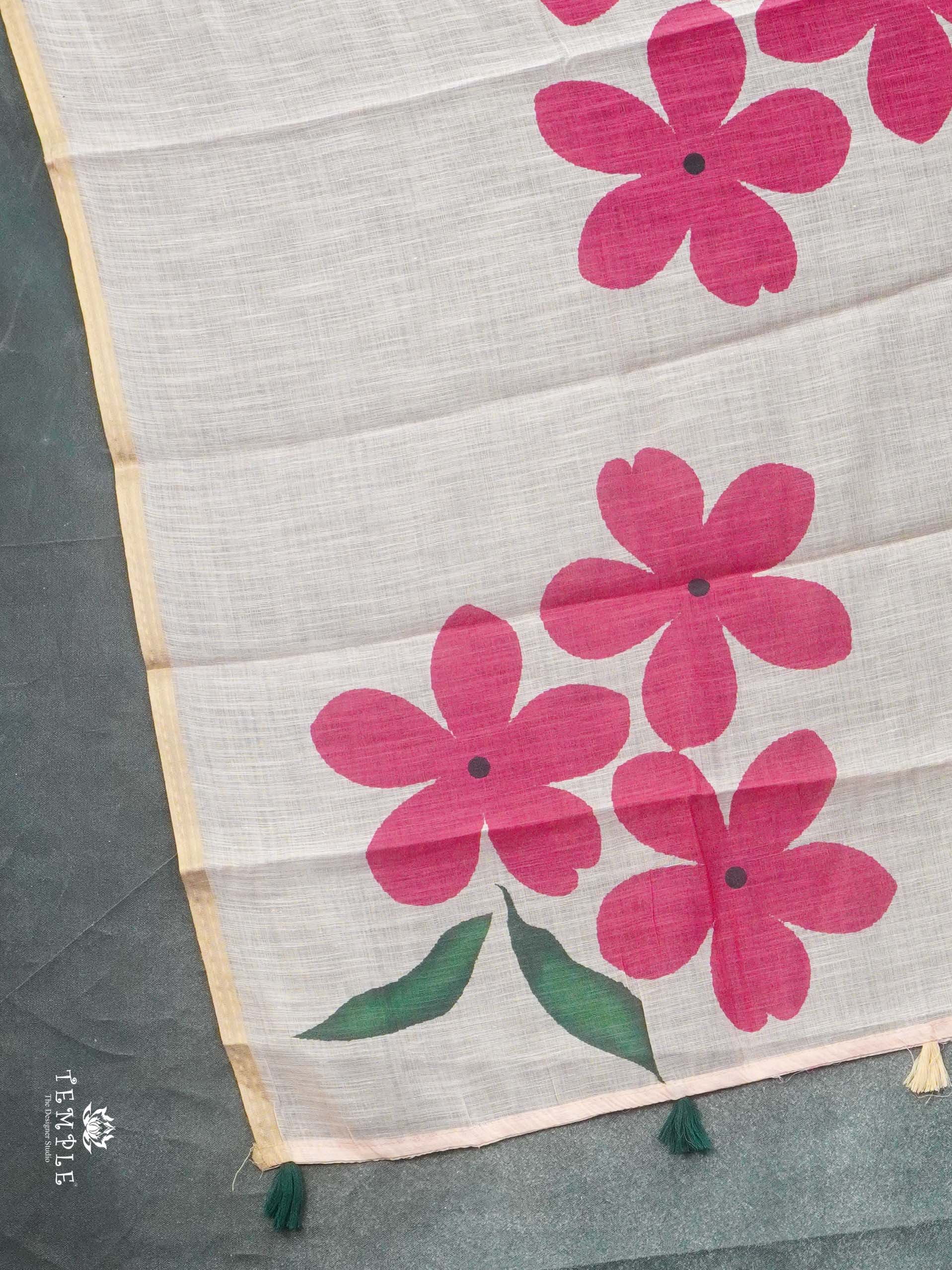 Floral Printed Linen Cotton Saree(Pink) | TTDS2391