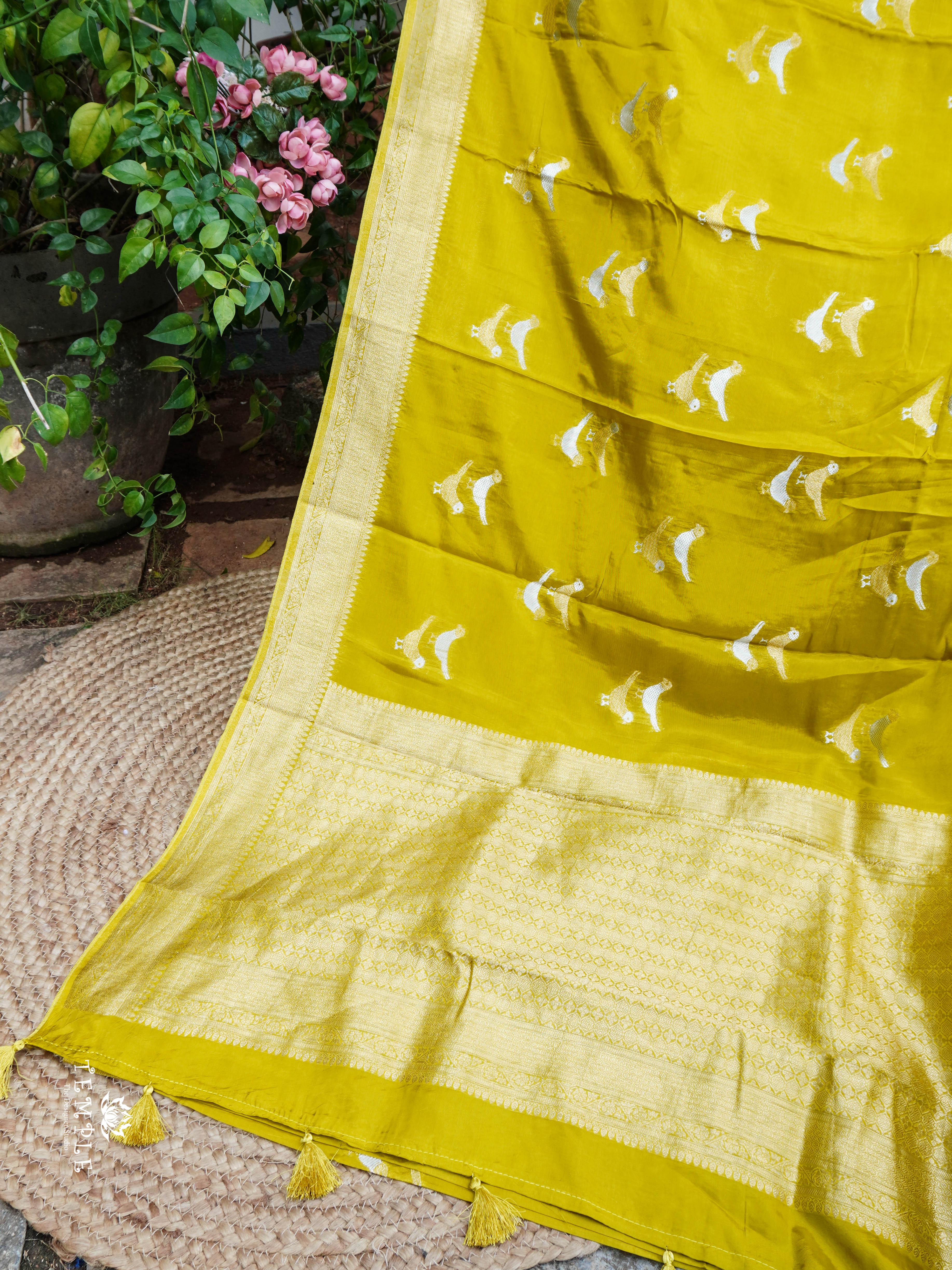 Satin Silk Saree With Bird Motifs(Yellow )| TTDS1448