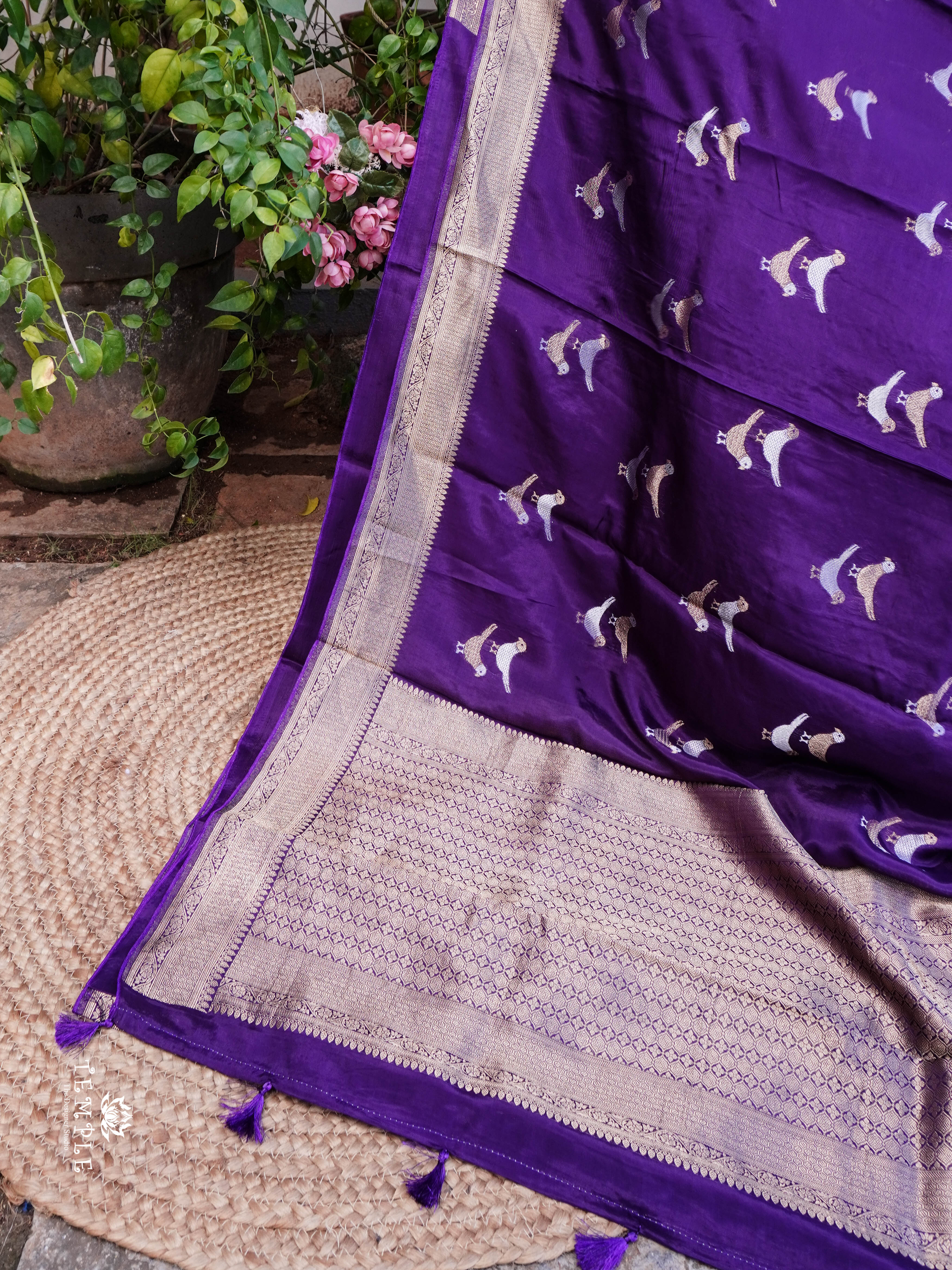 Satin Silk Saree With Bird Motifs(Violet )| TTDS1448