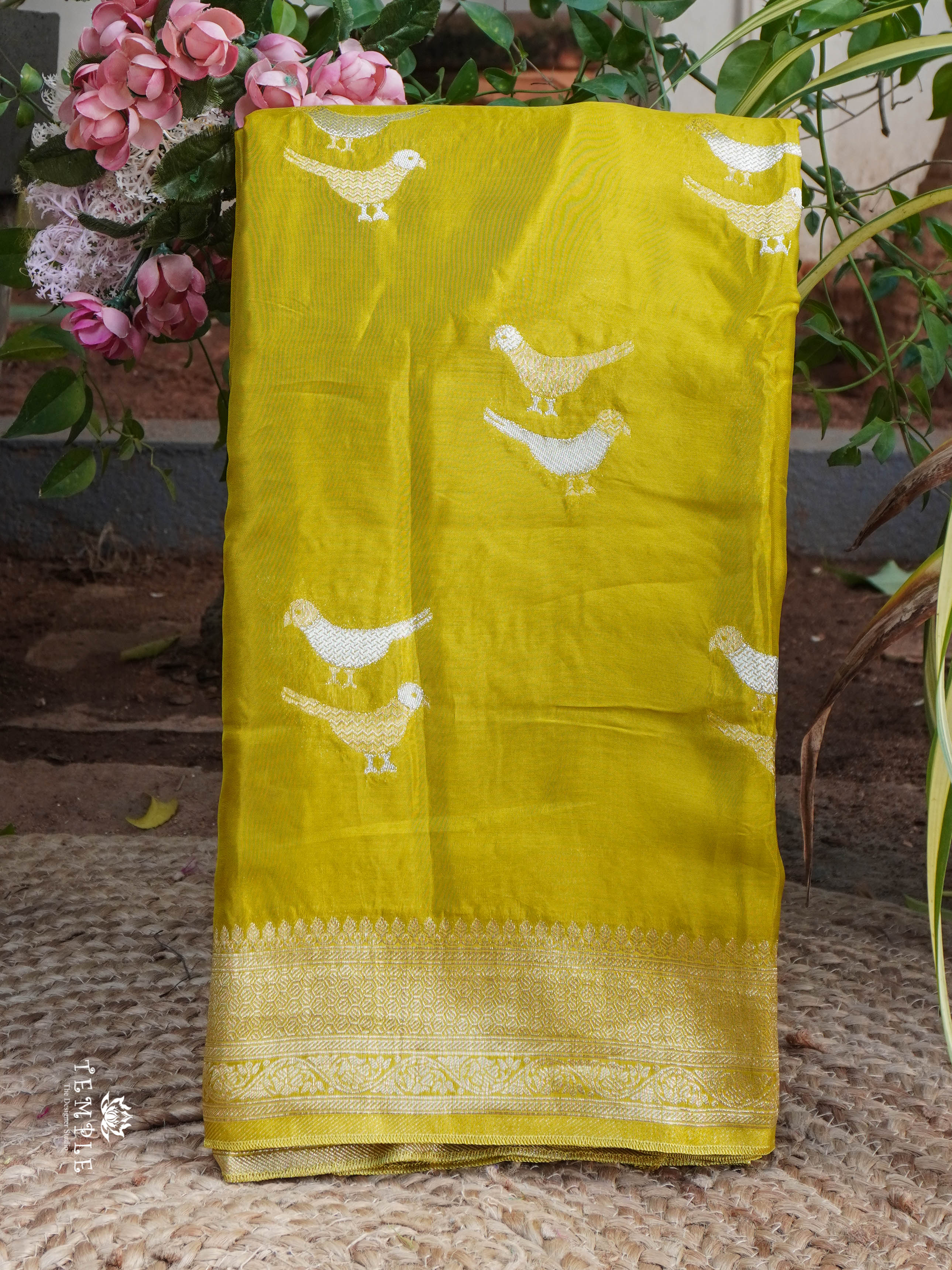 Satin Silk Saree With Bird Motifs(Yellow )| TTDS1448