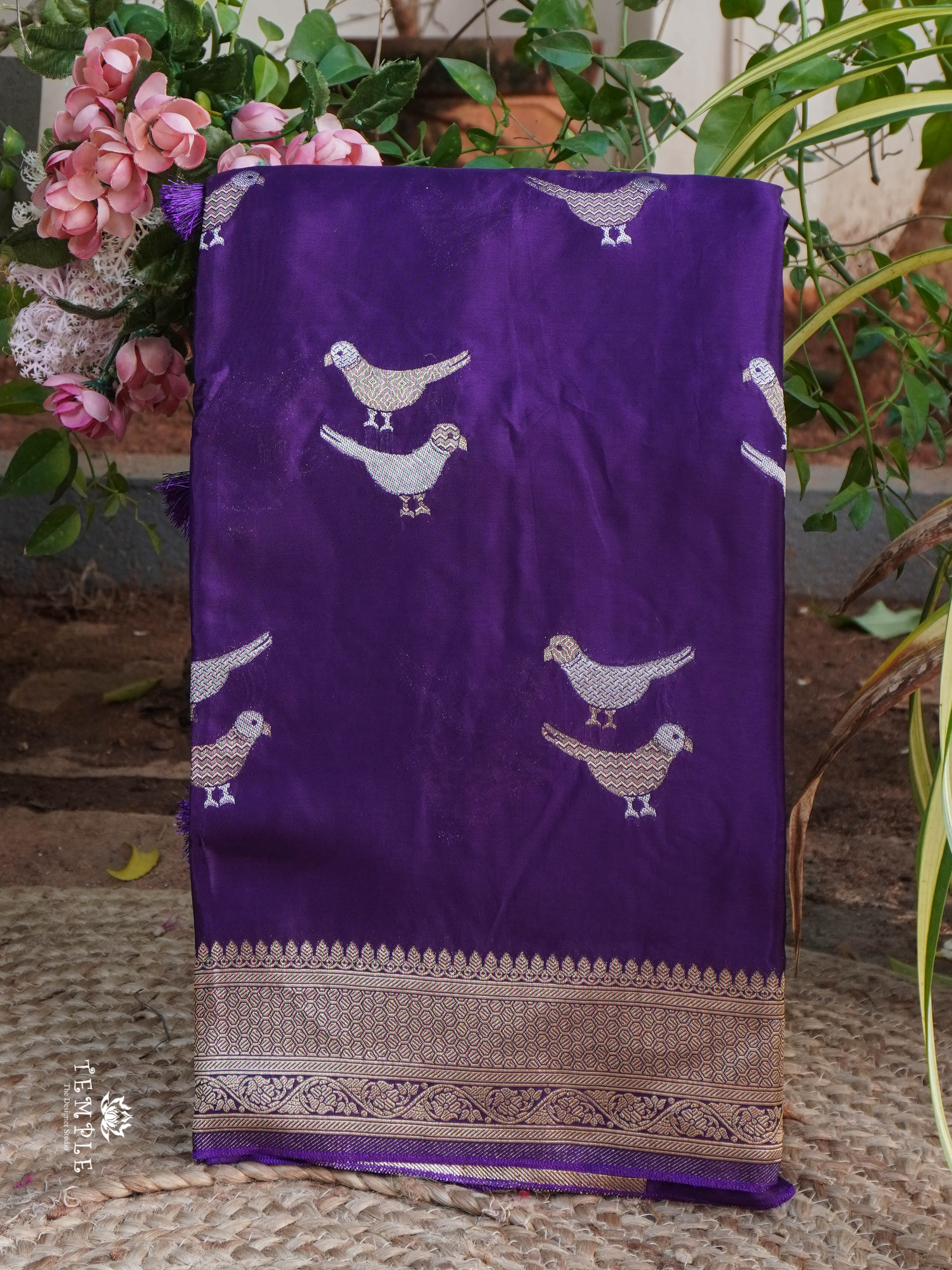 Satin Silk Saree With Bird Motifs(Violet )| TTDS1448