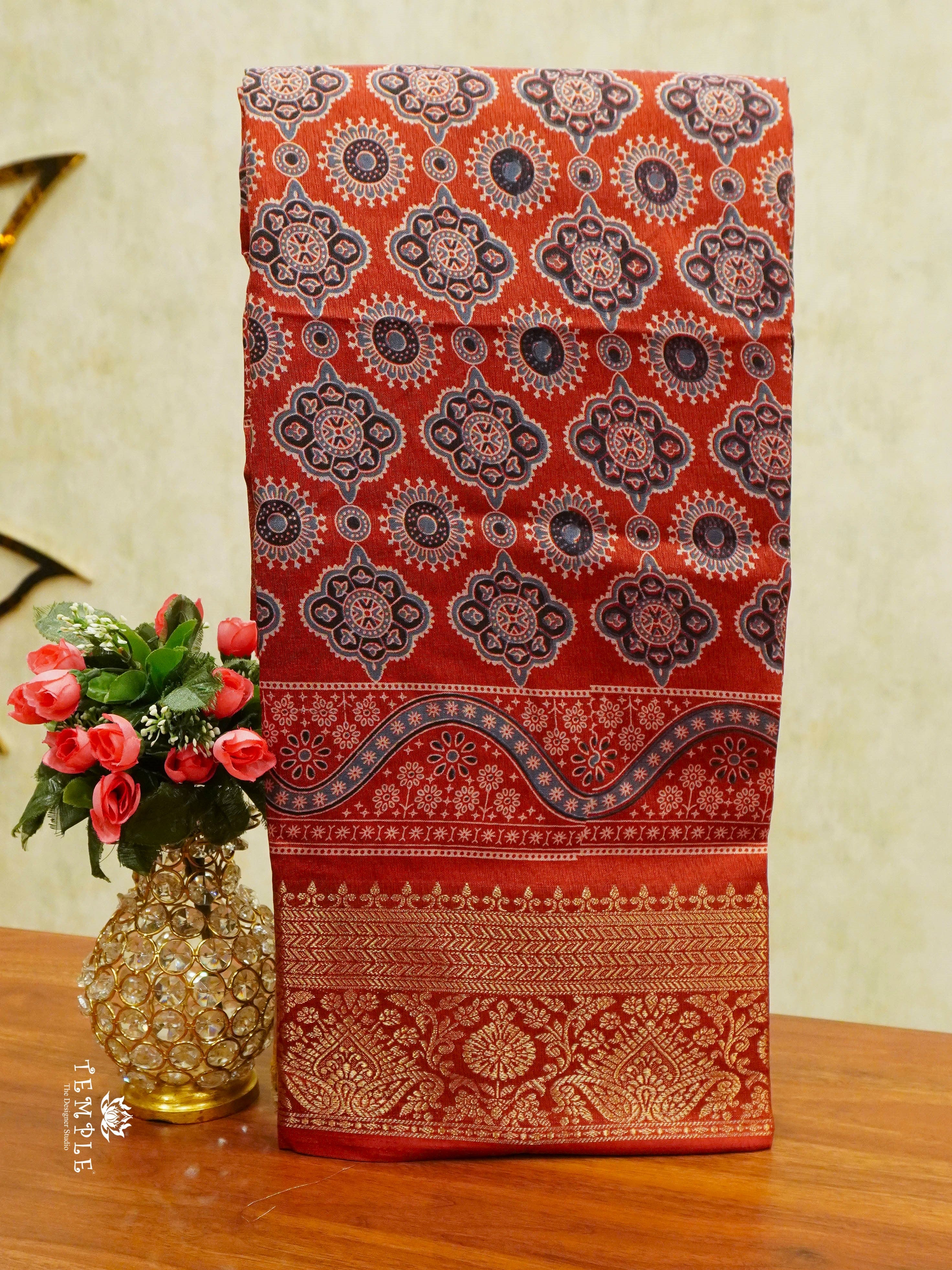 Ajrakh Printed Binny Silk Saree (Red) | TTDS1457