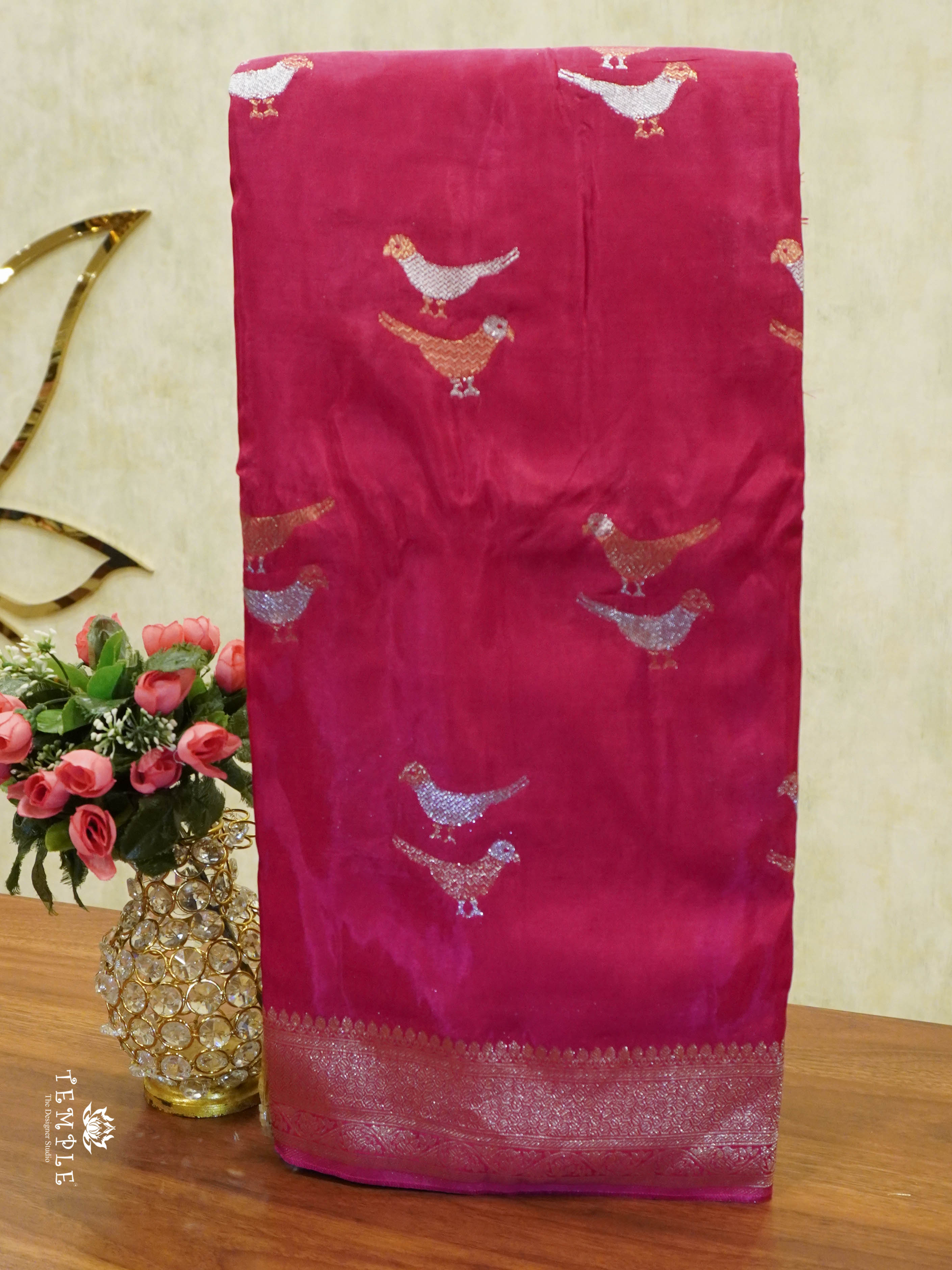 Satin Silk Saree With Bird Motifs (Rani Pink) | TTDS1448