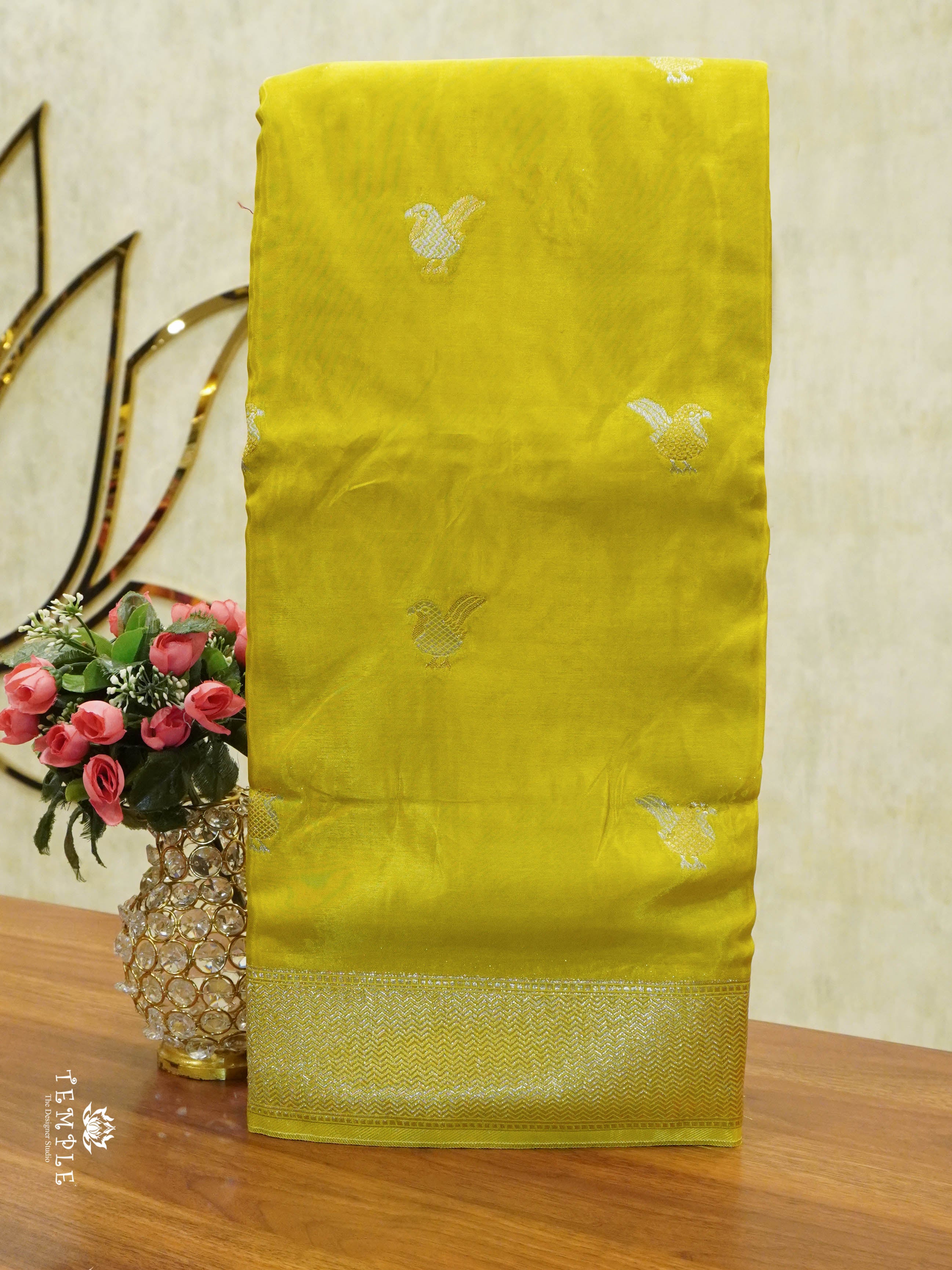 Satin Silk Saree With Bird Motifs (Yellow) | TTDS1458