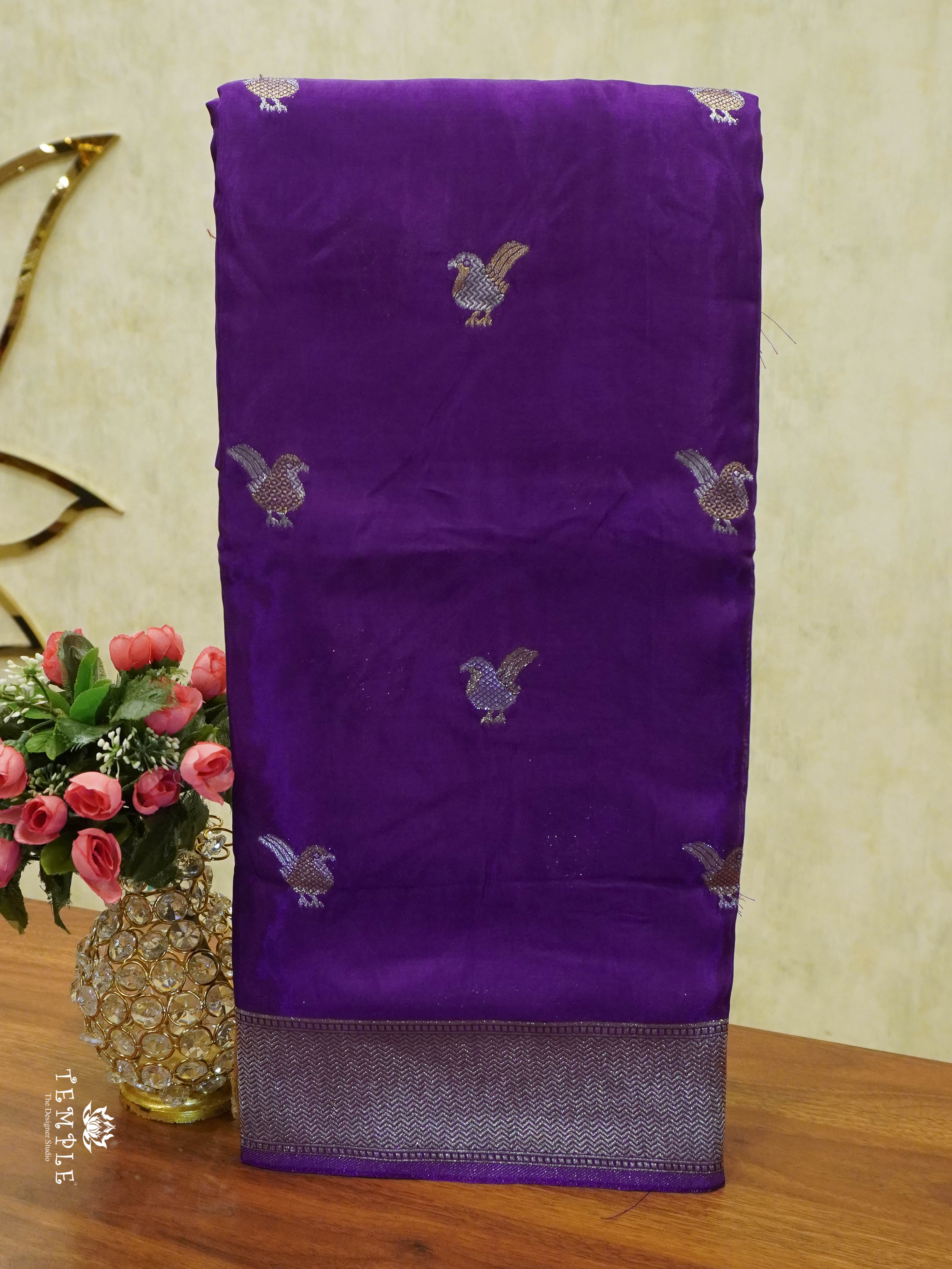 Satin Silk Saree With Bird Motifs (Violet) | TTDS1458