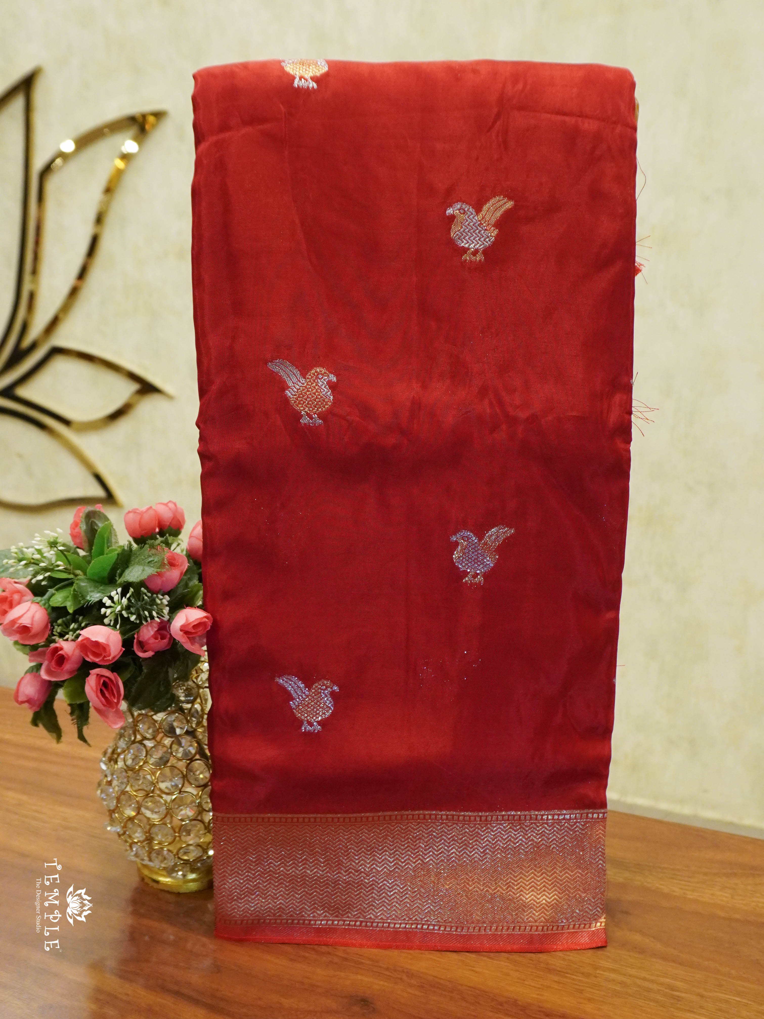 Satin Silk Saree With Bird Motifs (Red) | TTDS1458