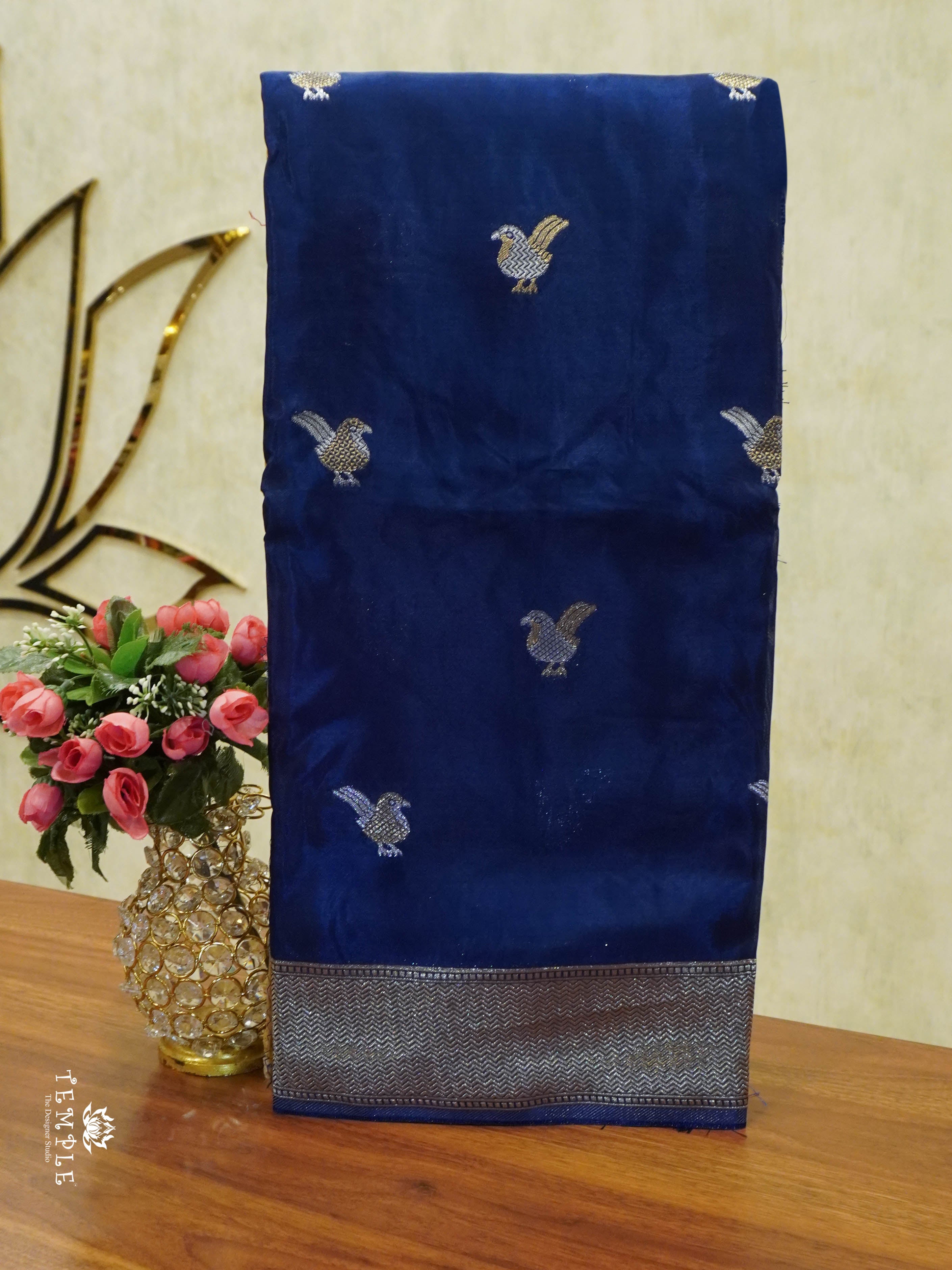 Satin Silk Saree With Bird Motifs (Navy Blue) | TTDS1458