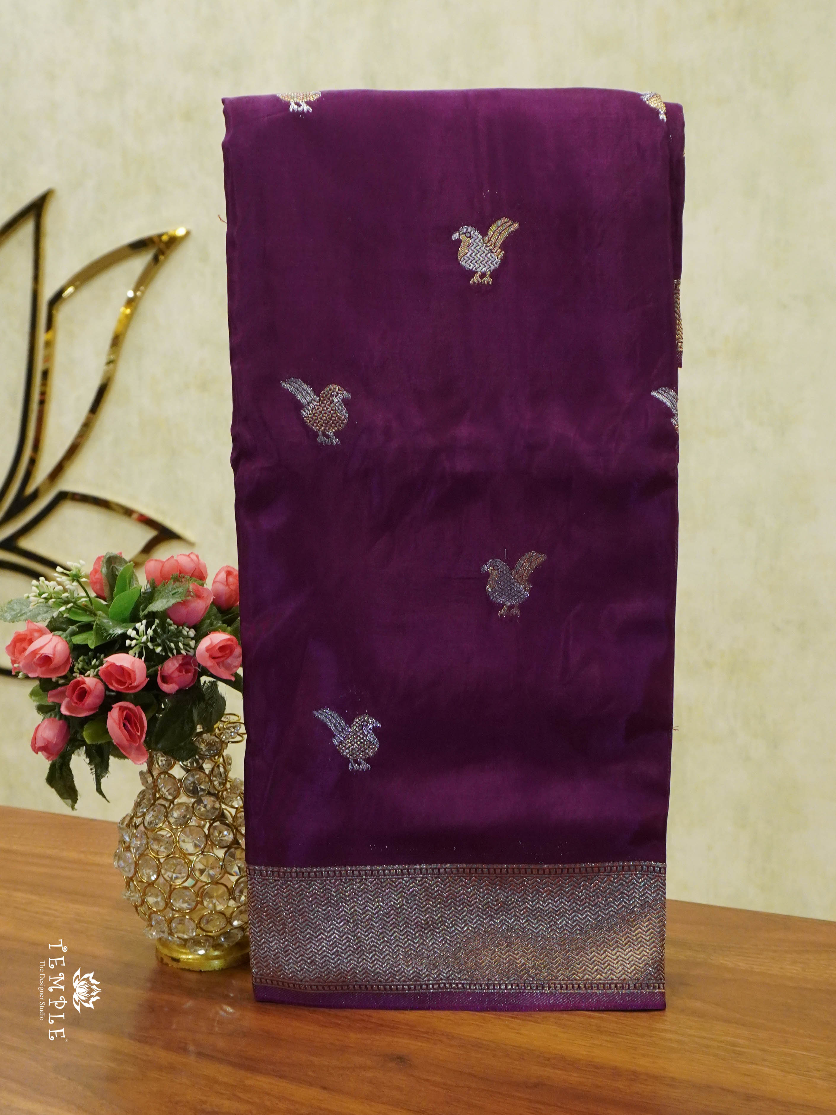 Satin Silk Saree With Bird Motifs (Magenta) | TTDS1458