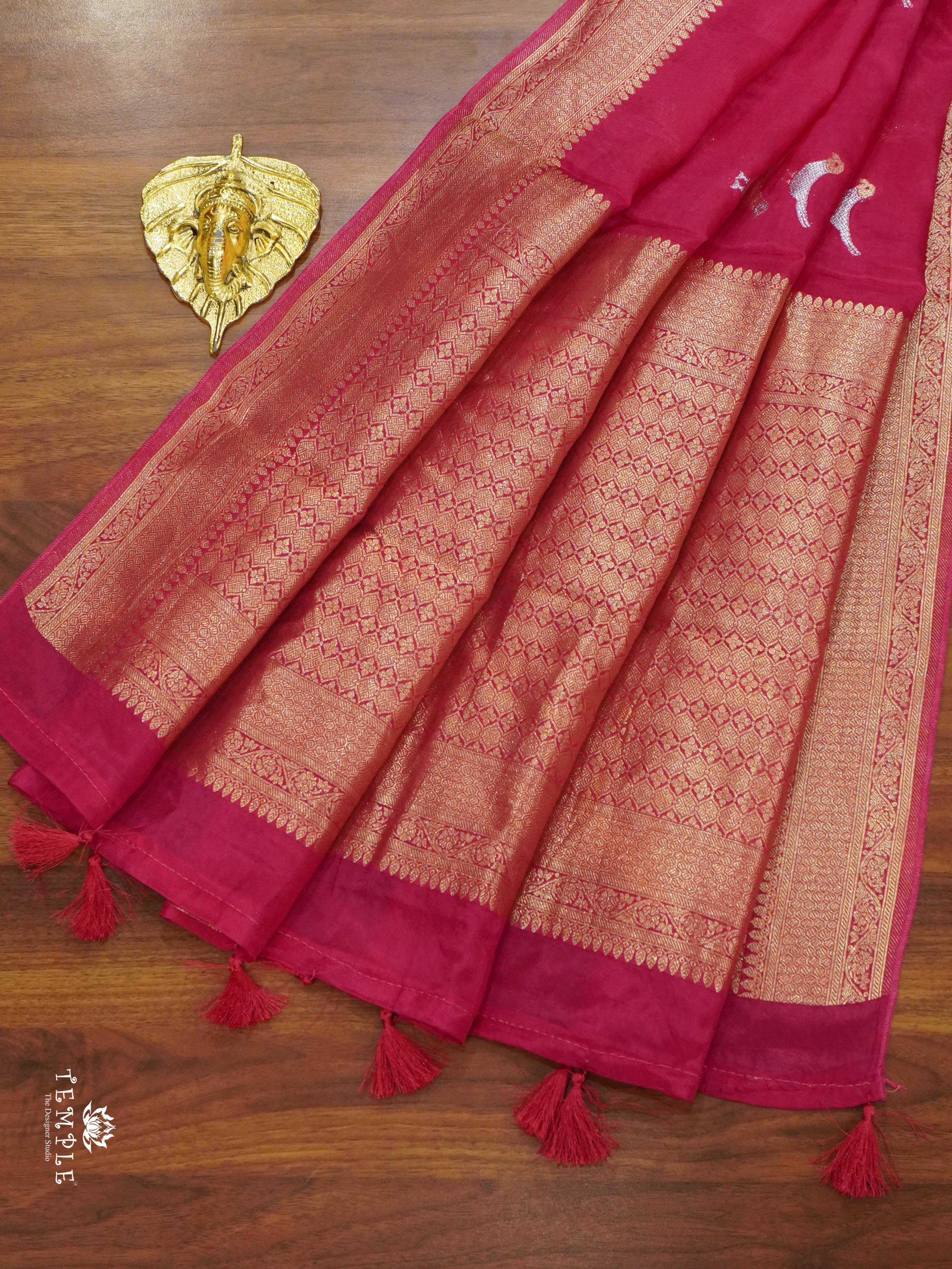 Satin Silk Saree With Bird Motifs (Rani Pink) | TTDS1448