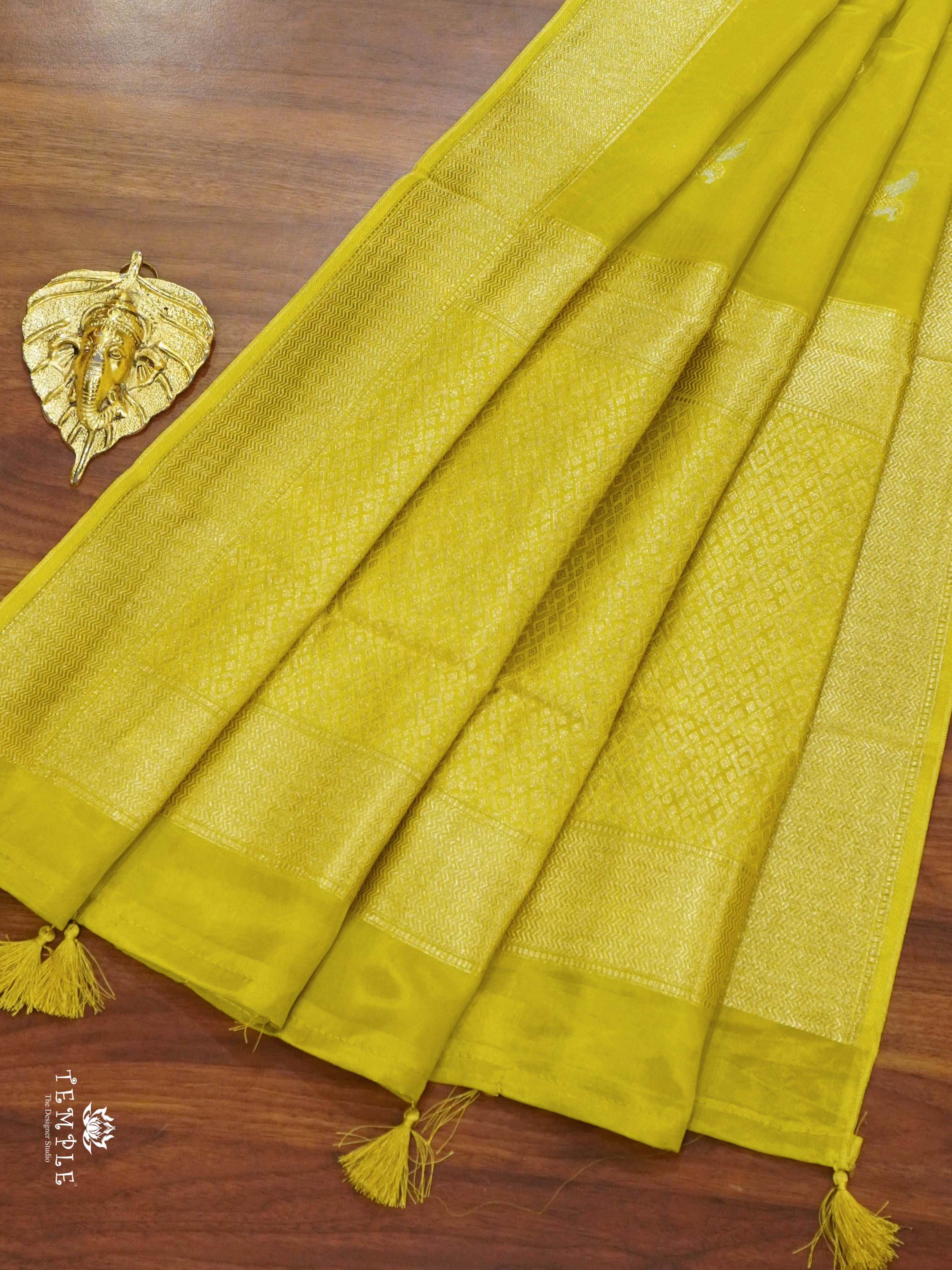 Satin Silk Saree With Bird Motifs (Yellow) | TTDS1458