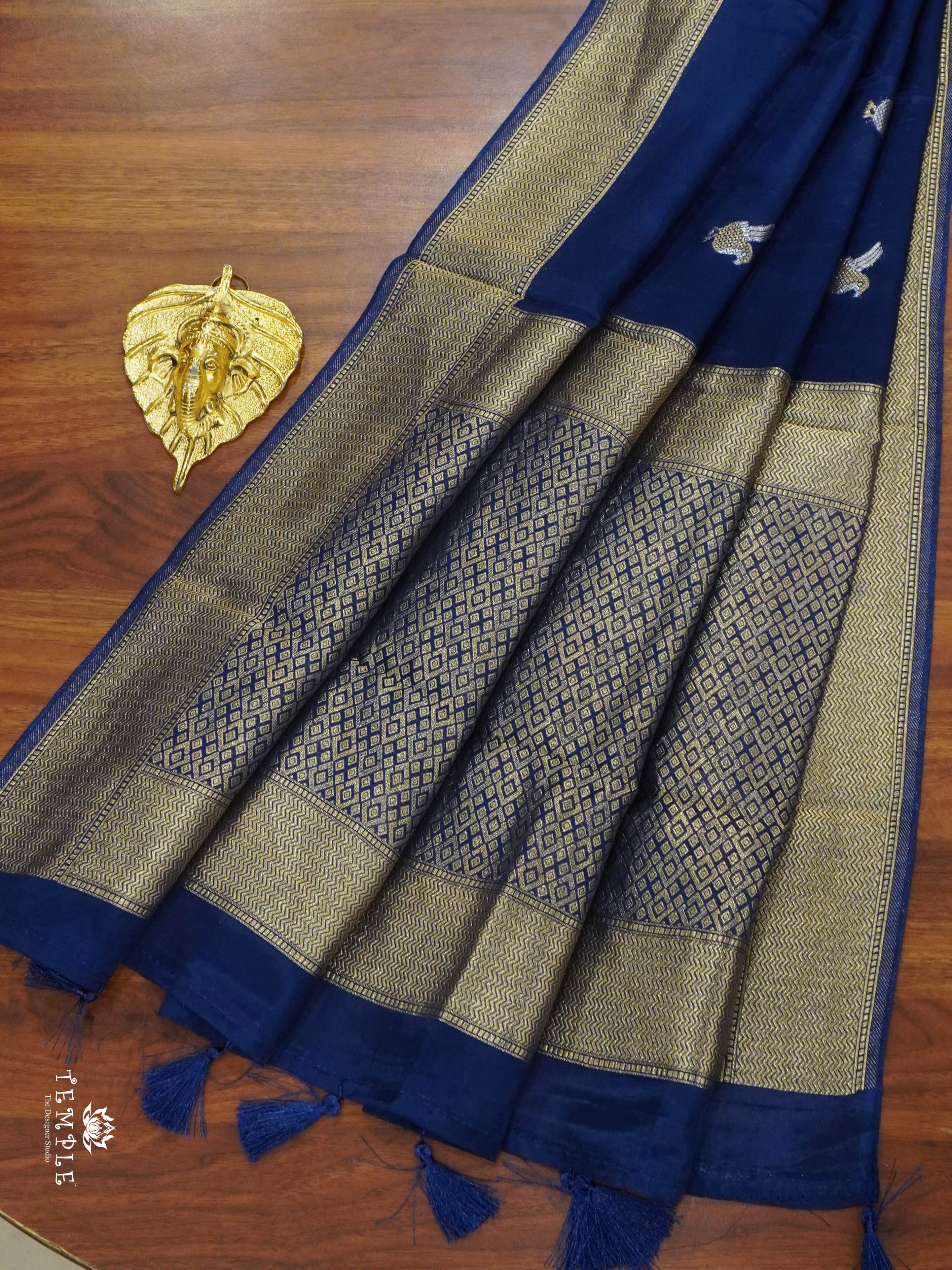 Satin Silk Saree With Bird Motifs (Navy Blue) | TTDS1458