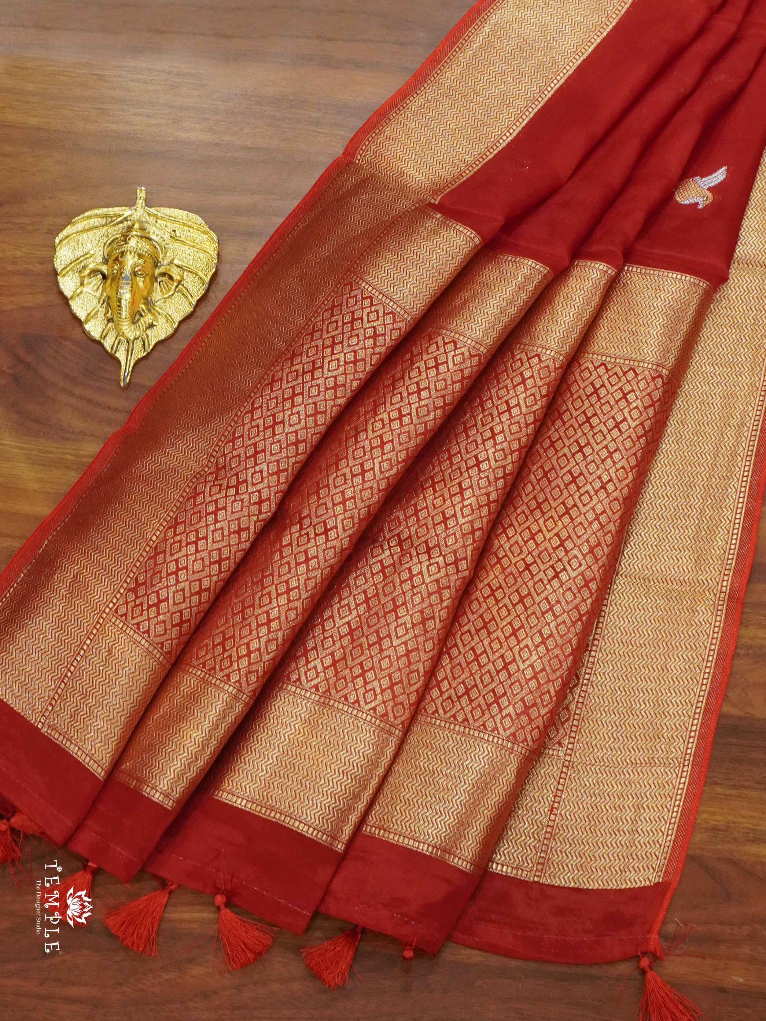 Satin Silk Saree With Bird Motifs (Red) | TTDS1458