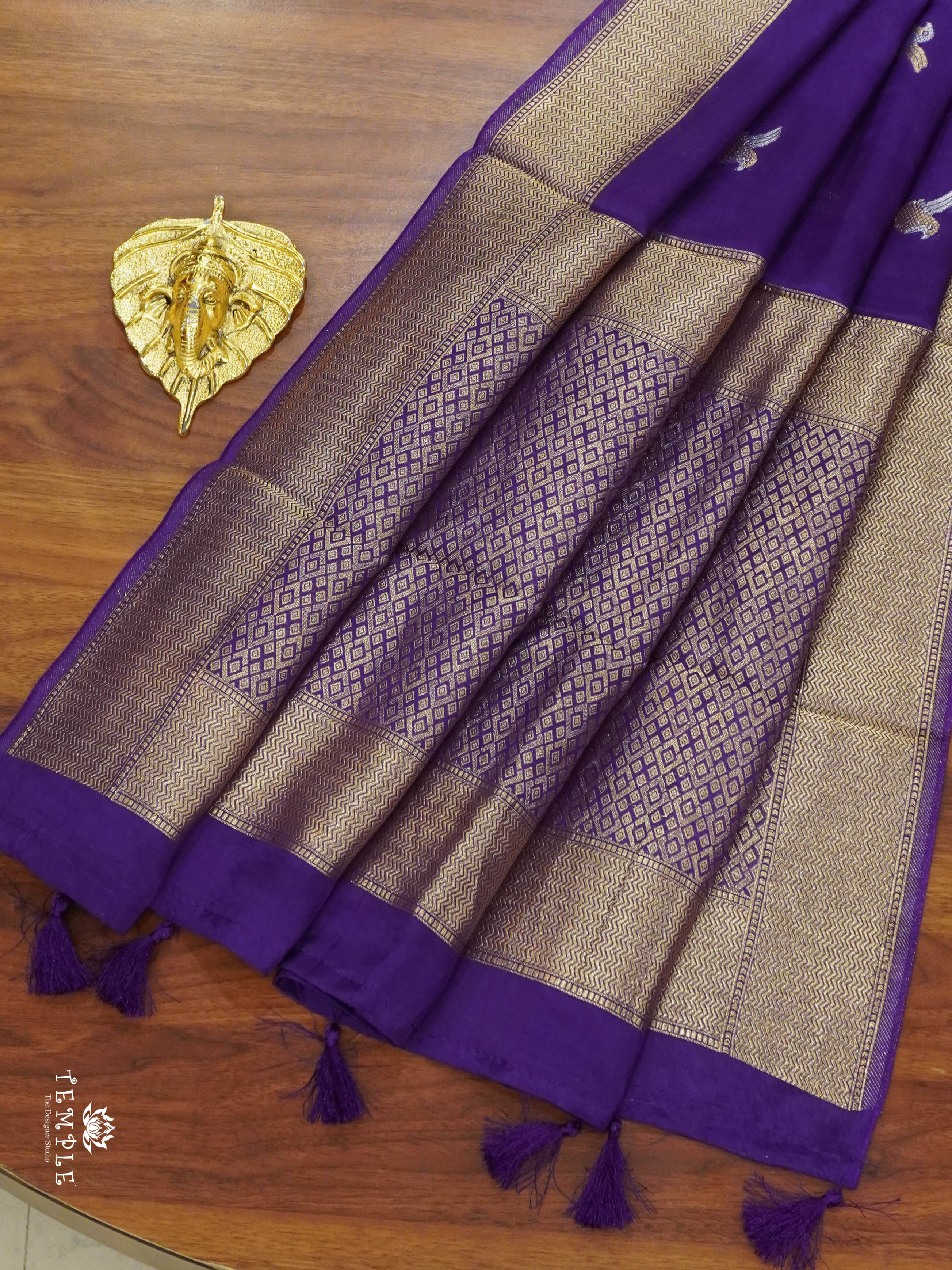 Satin Silk Saree With Bird Motifs (Violet) | TTDS1458