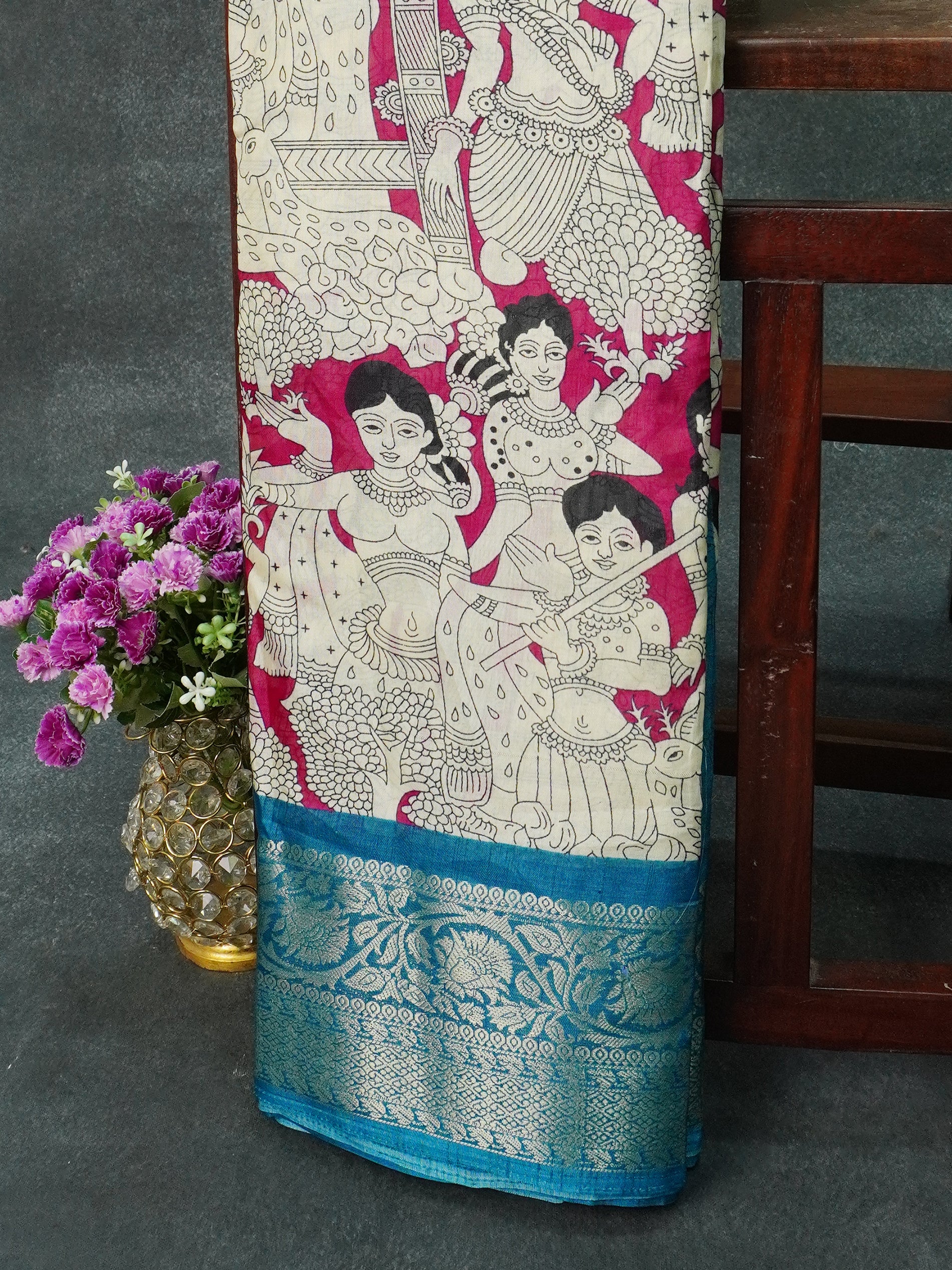 Dola Silk Saree With Kalamkari Print  | TTDS1101 | Onam Collections