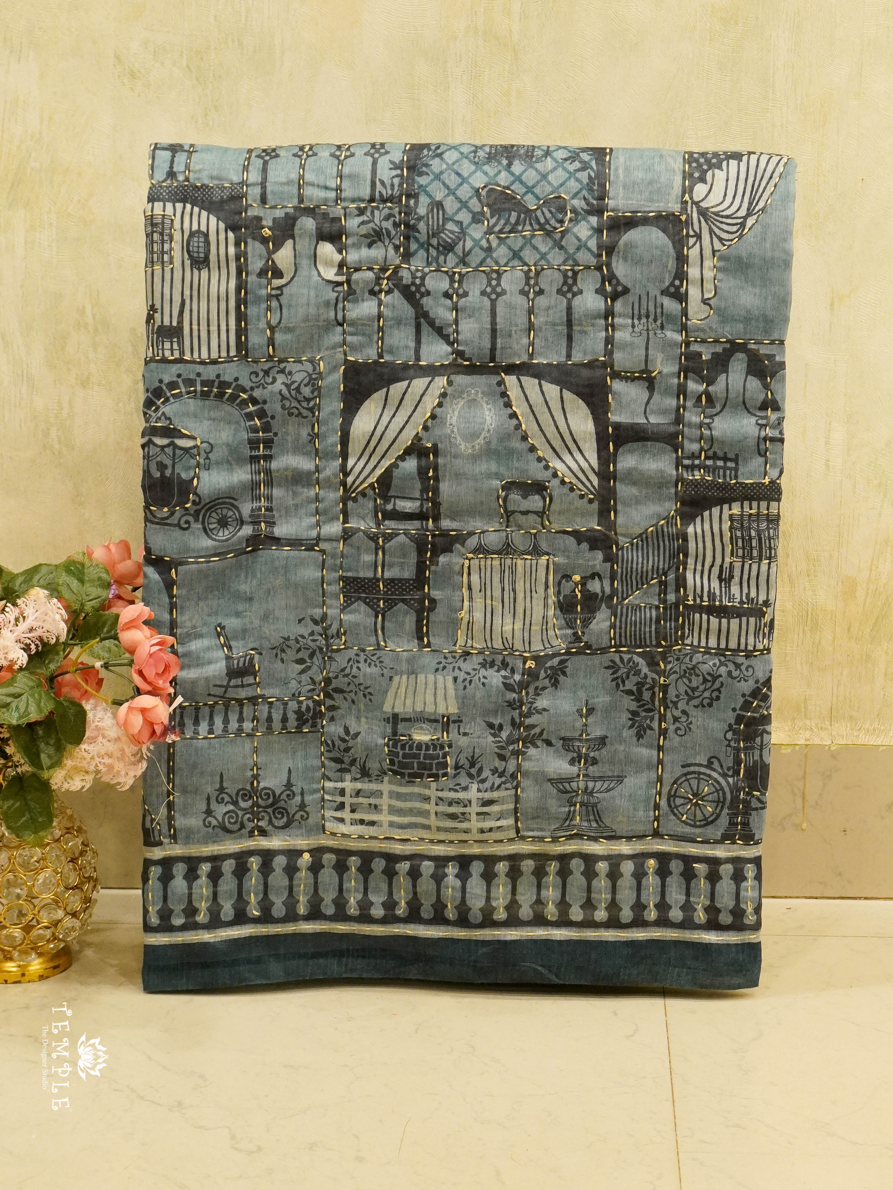 Chanderi Cotton Saree With Kantha Work | TTDS1497 | Merry Deals