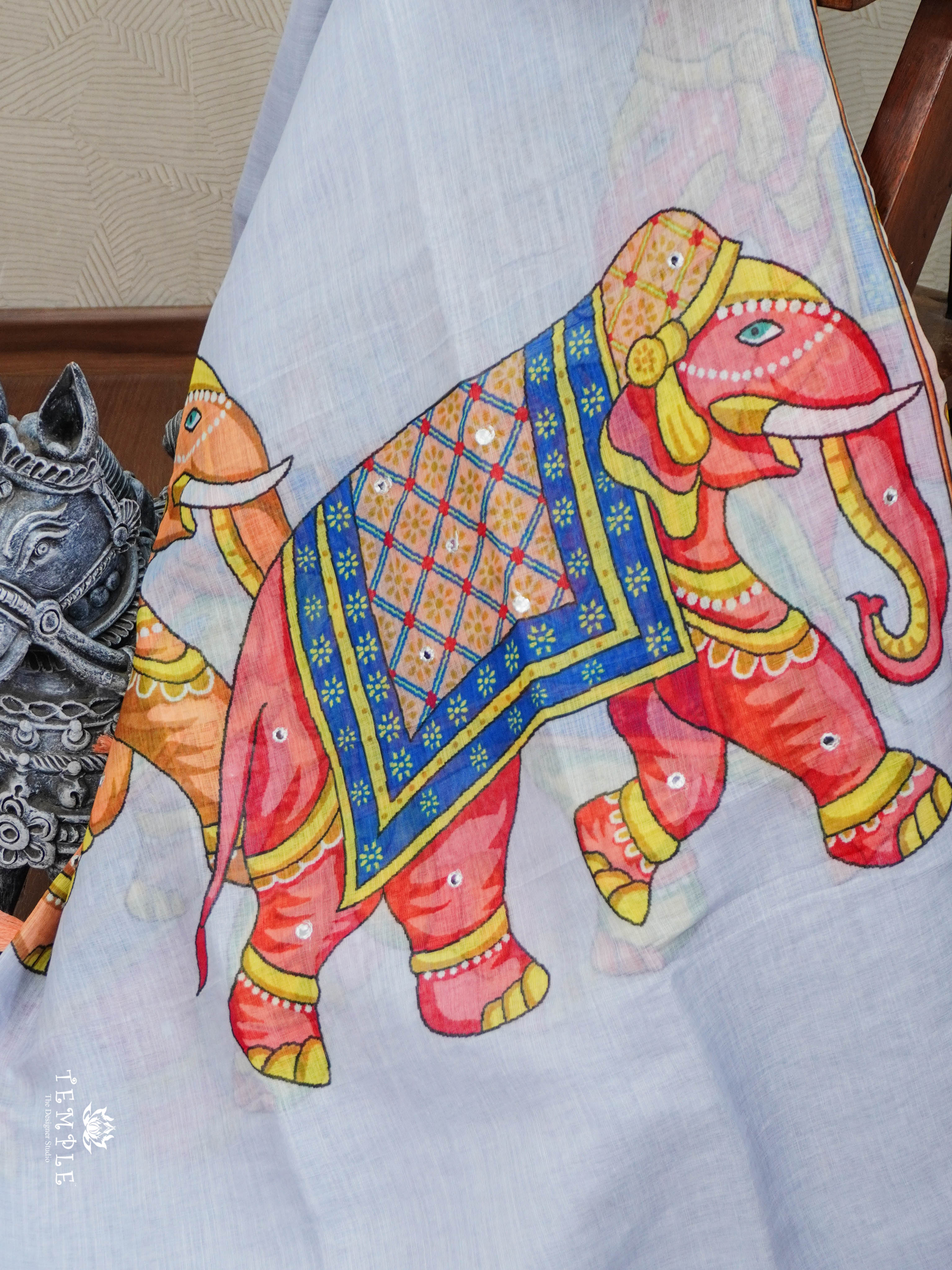 Elephant Printed Linen Cotton Saree | TTDS2976