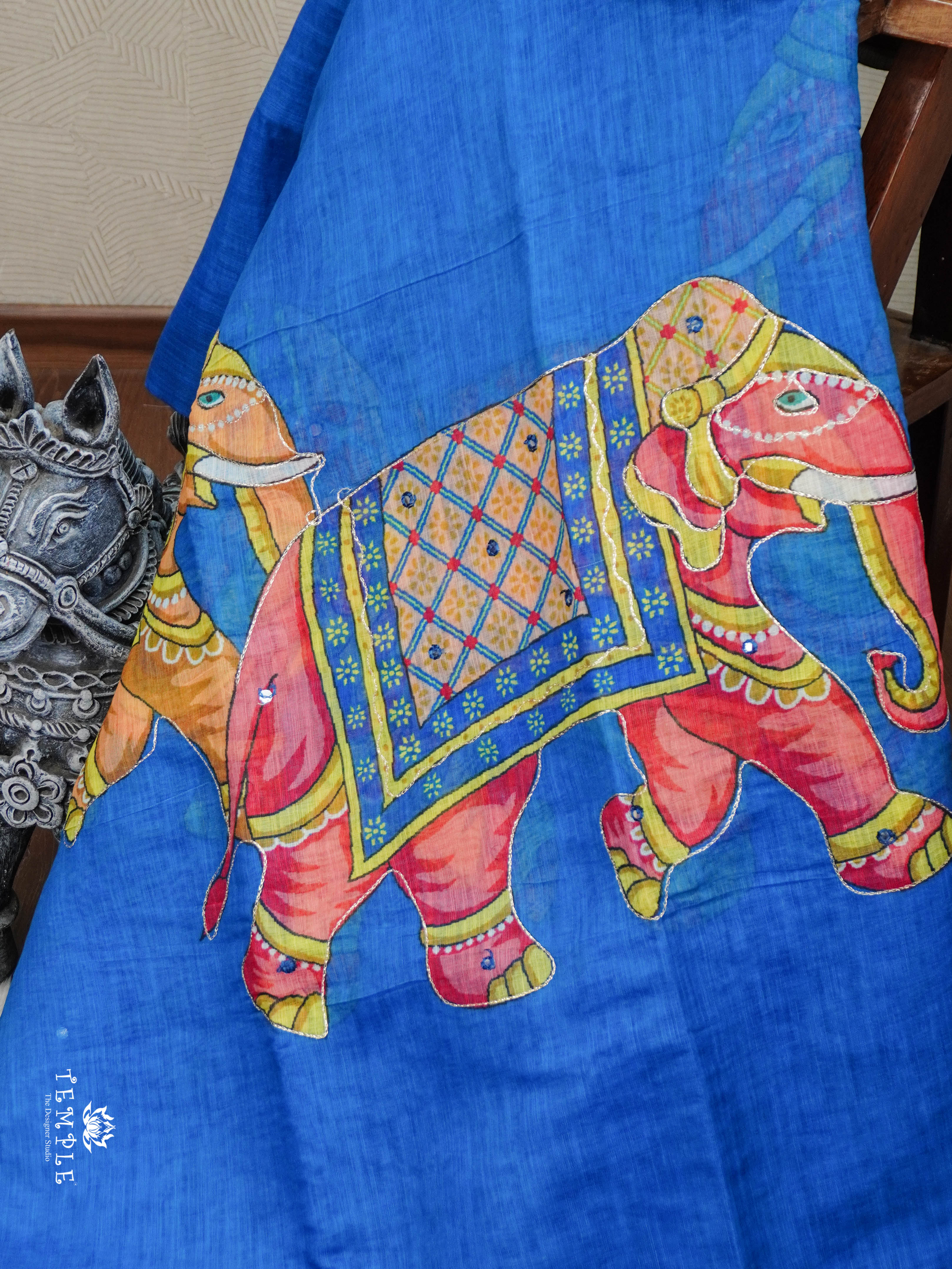 Elephant Printed Linen Cotton Saree | TTDS2976