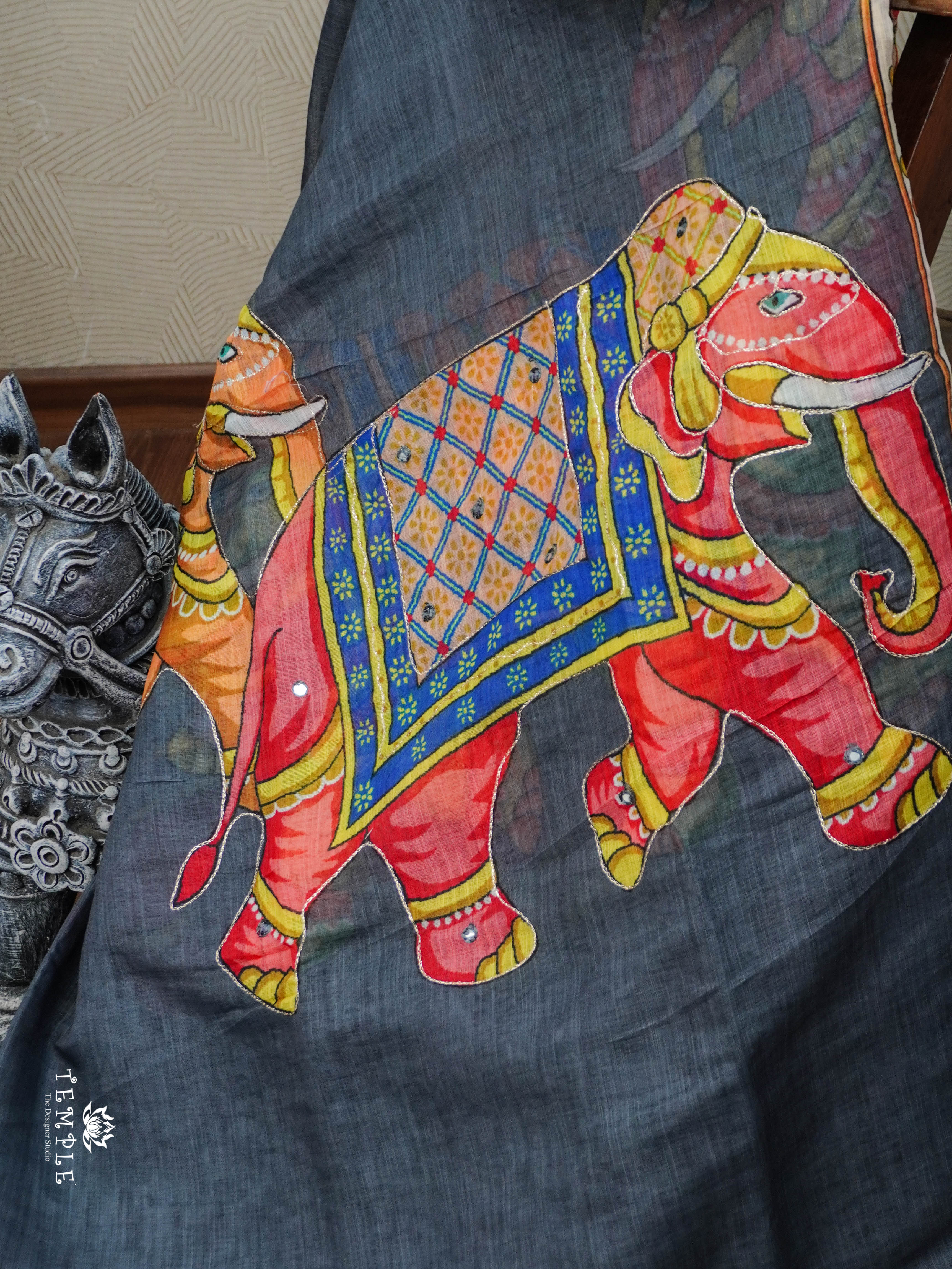 Elephant Printed Linen Cotton Saree | TTDS2976