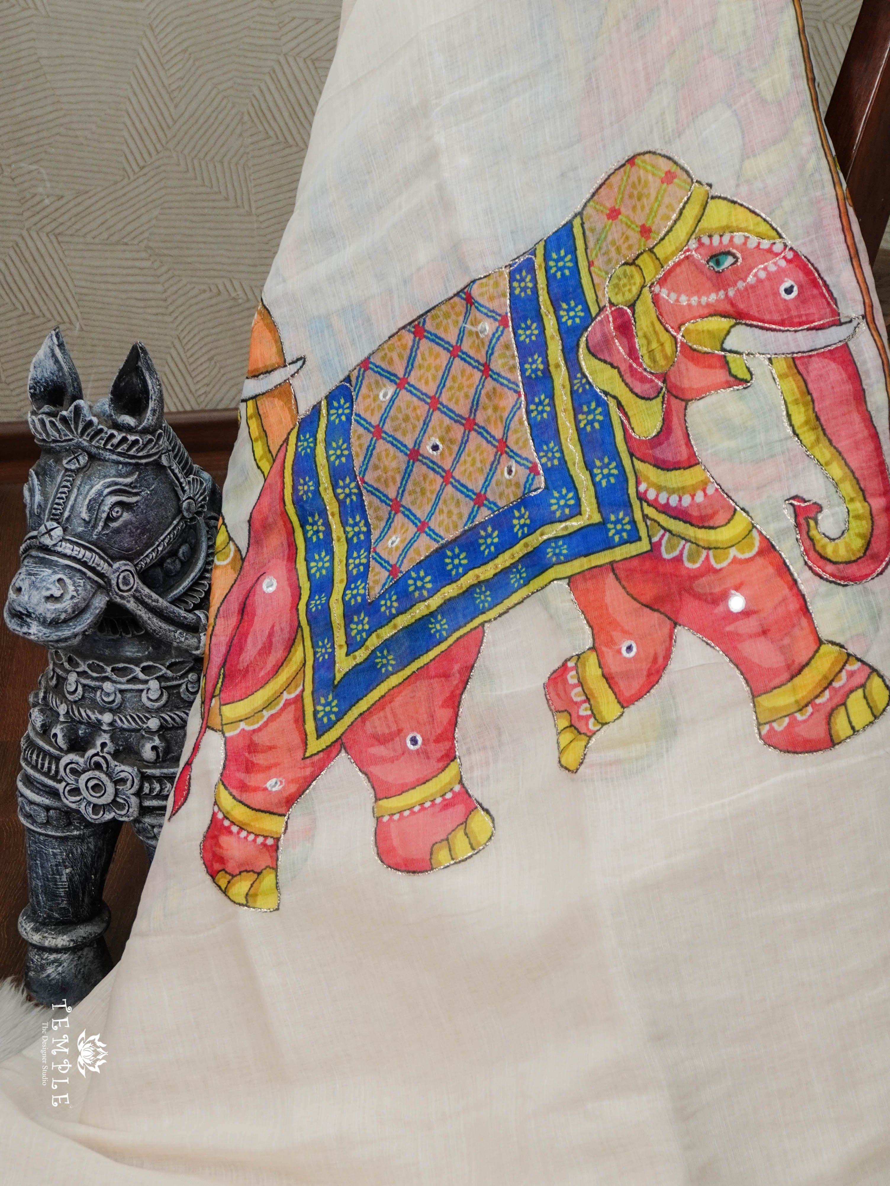 Elephant Printed Linen Cotton Saree | TTDS2976