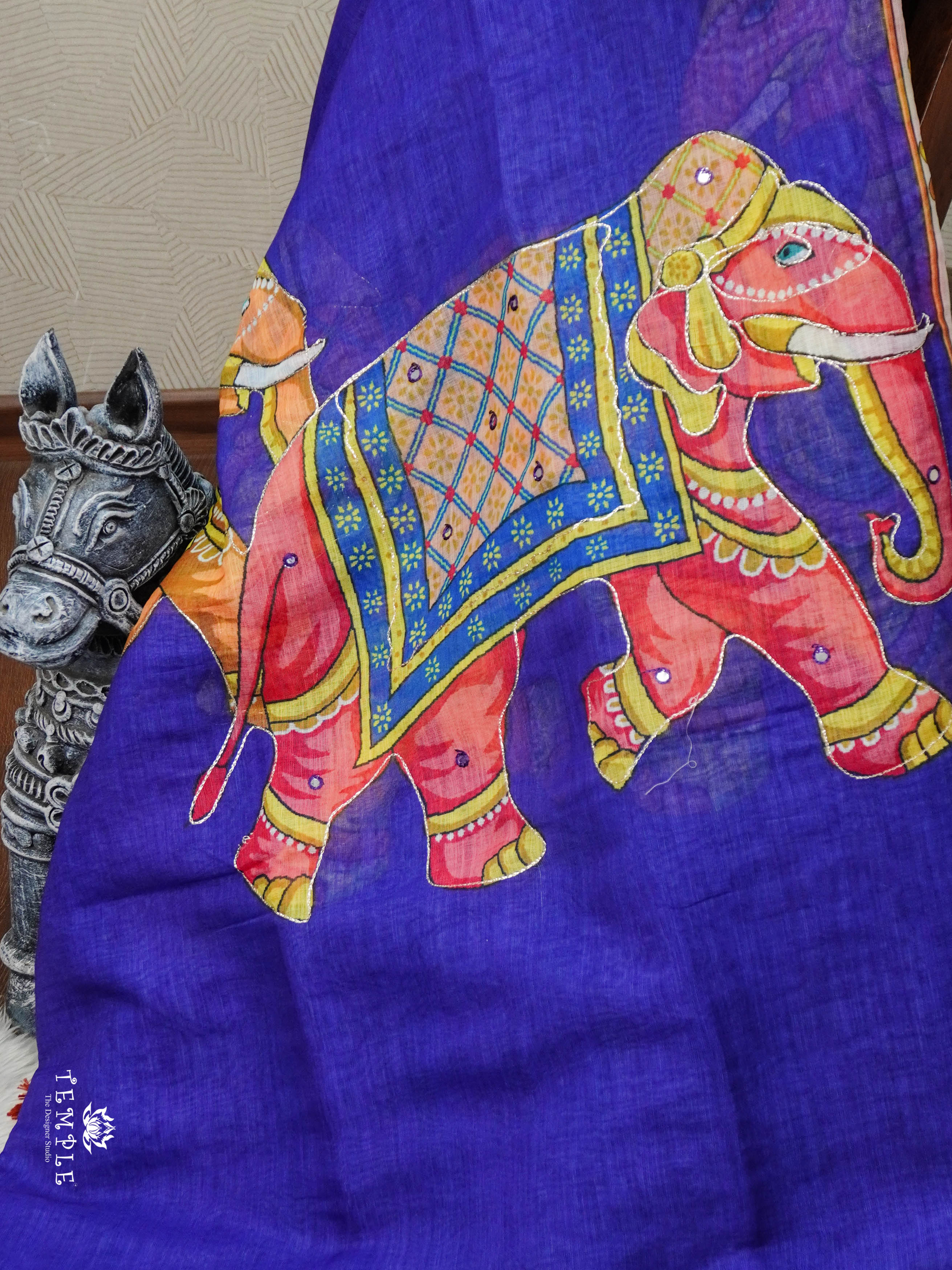 Elephant Printed Linen Cotton Saree | TTDS2976