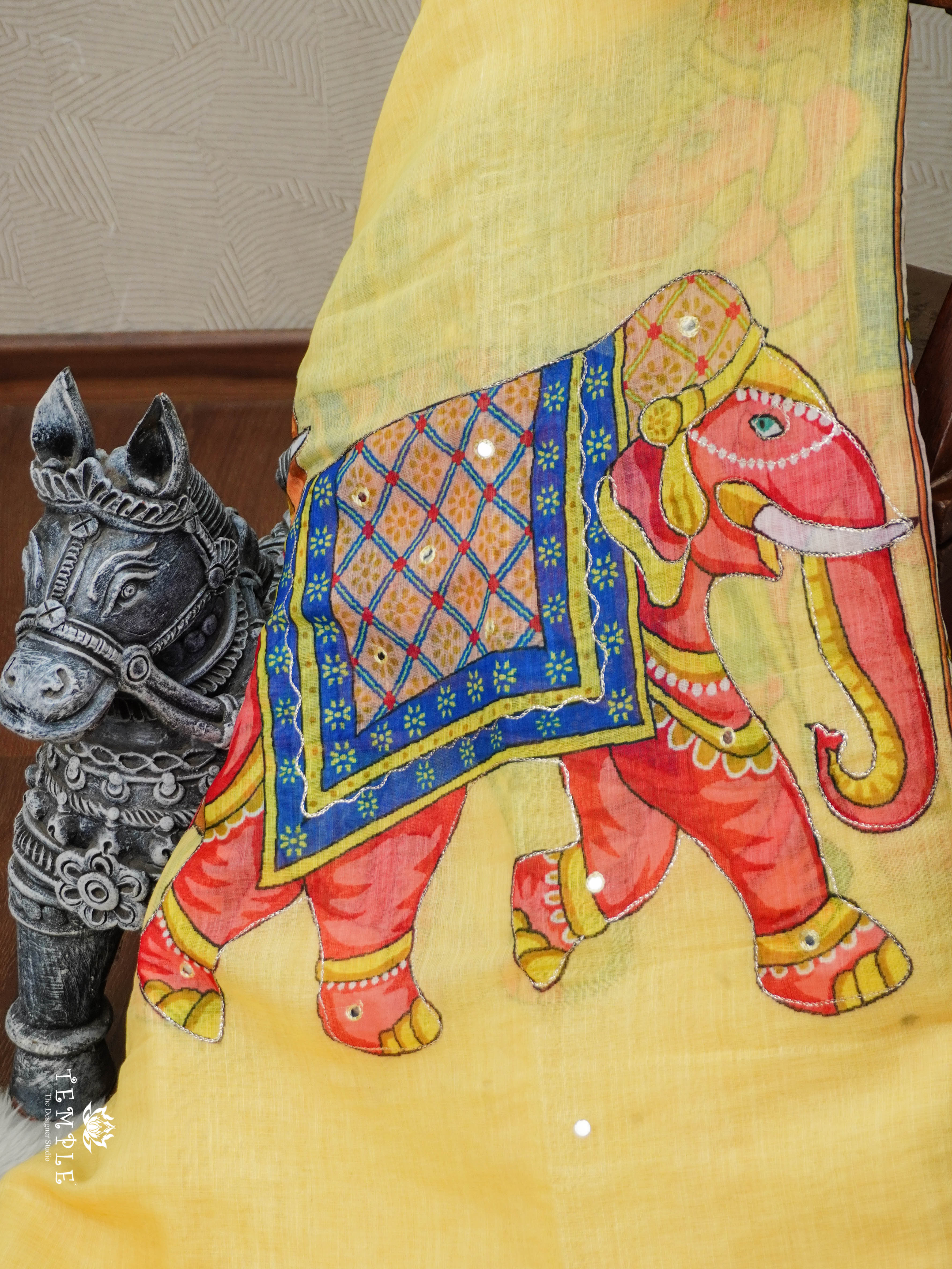 Elephant Printed Linen Cotton Saree | TTDS2976